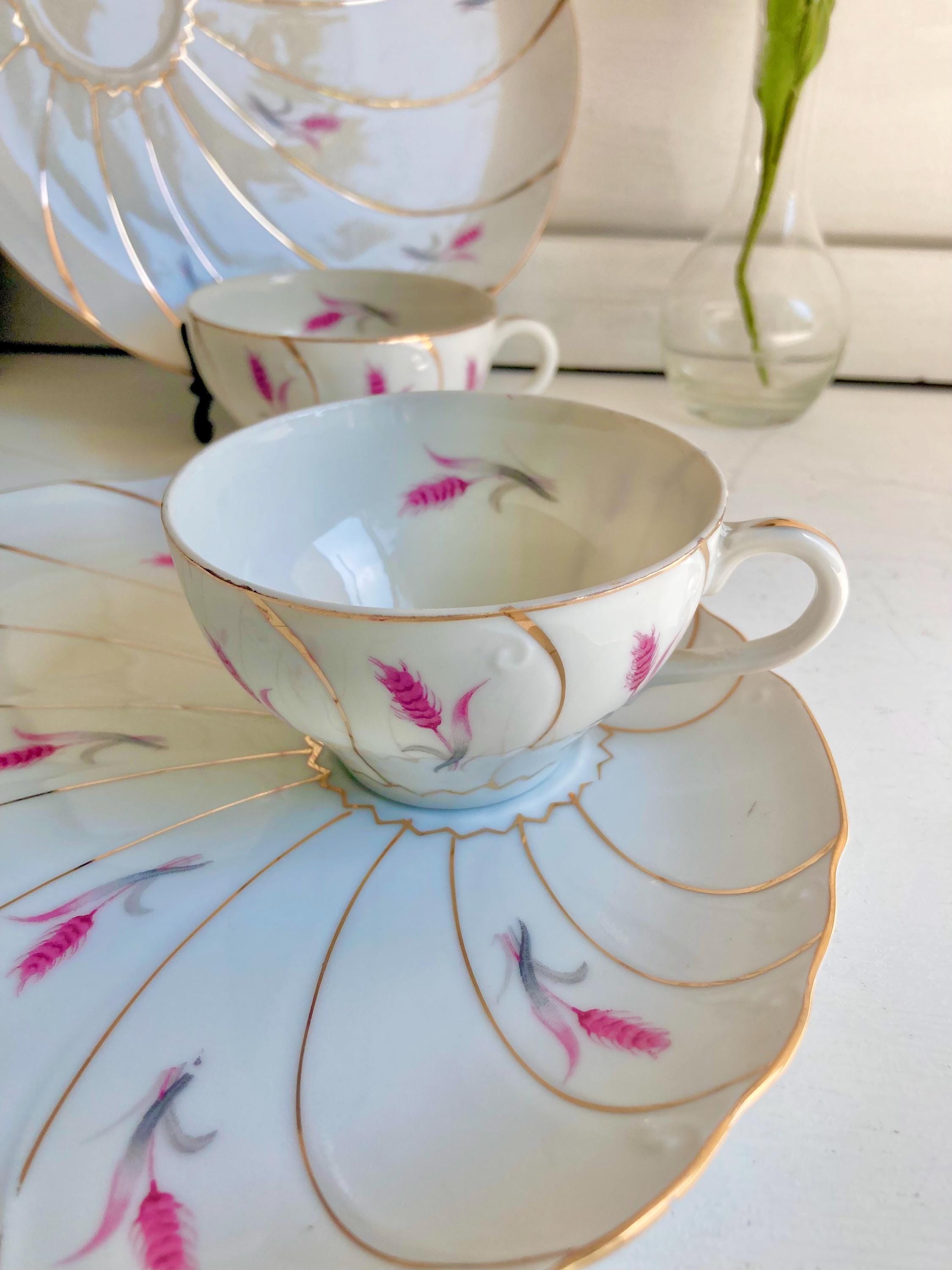 Vintage Yamaka Japan Porcelain Snack Set: Pink Wheat & Gold
