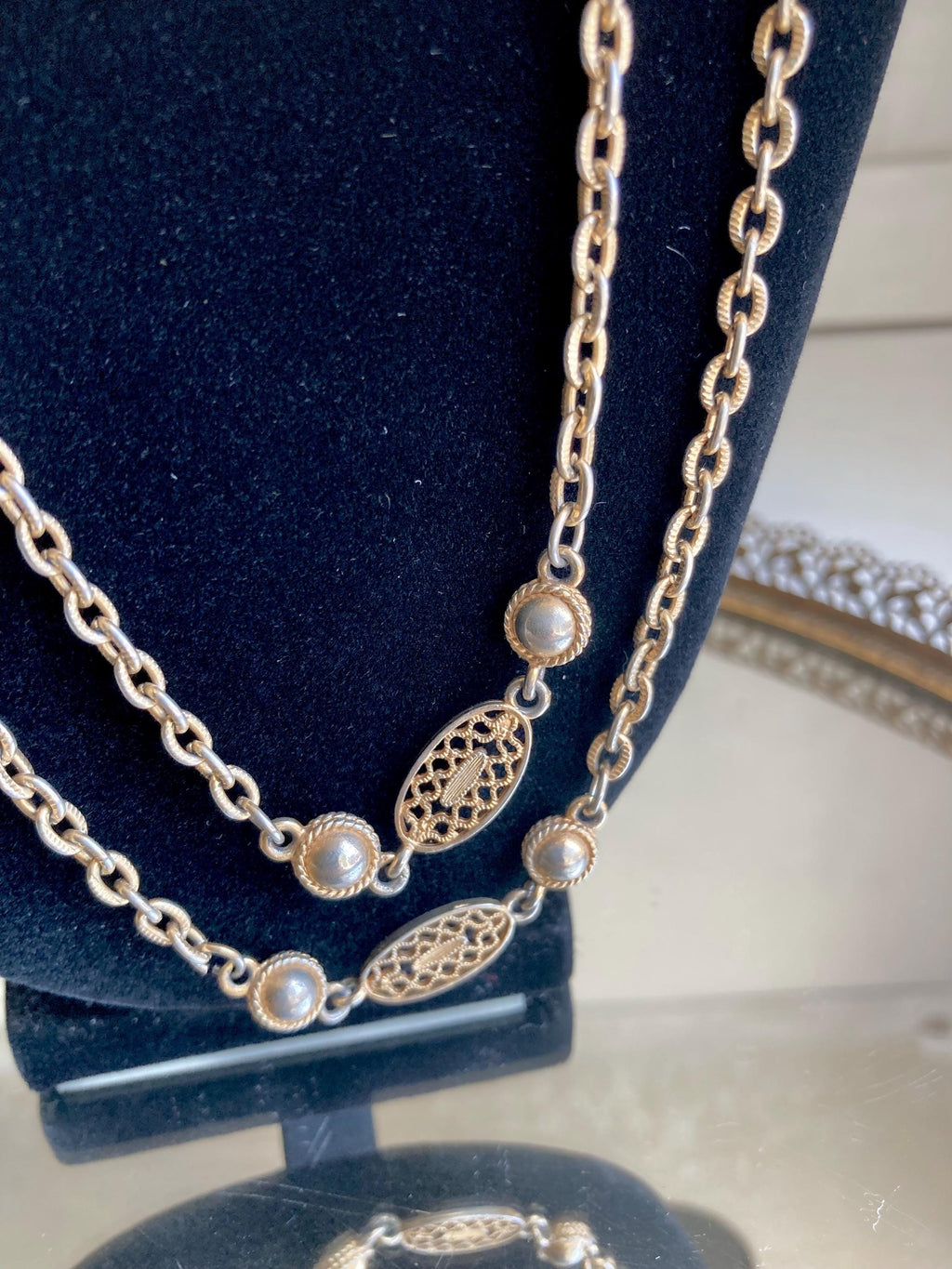 Vintage Gold Tone Necklace: Sarah Coventry Mushroom Pendant or Long Filigree Chain