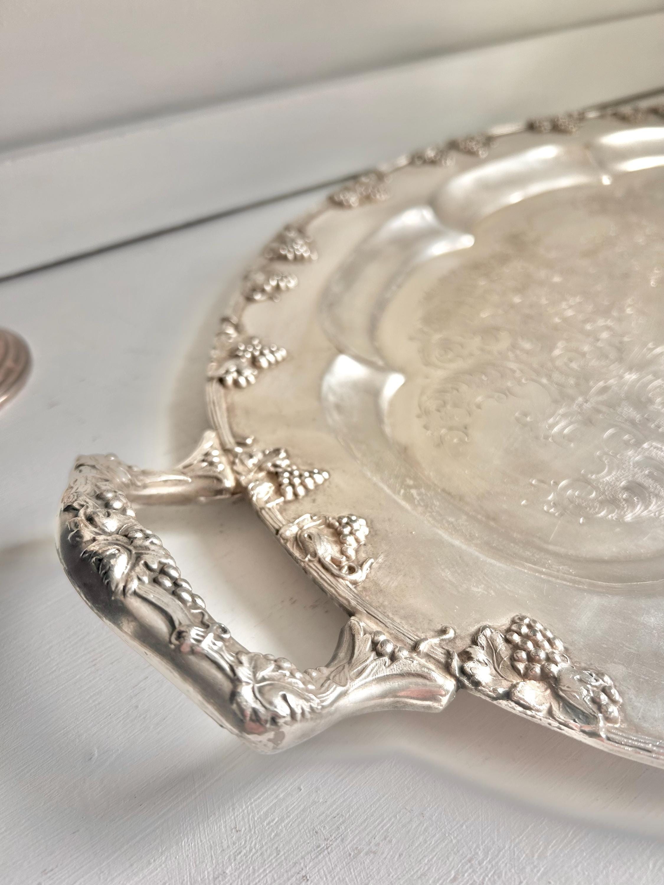 Vintage Silverplated Tray: Copper Core, Grapevine Rim, 24-inch