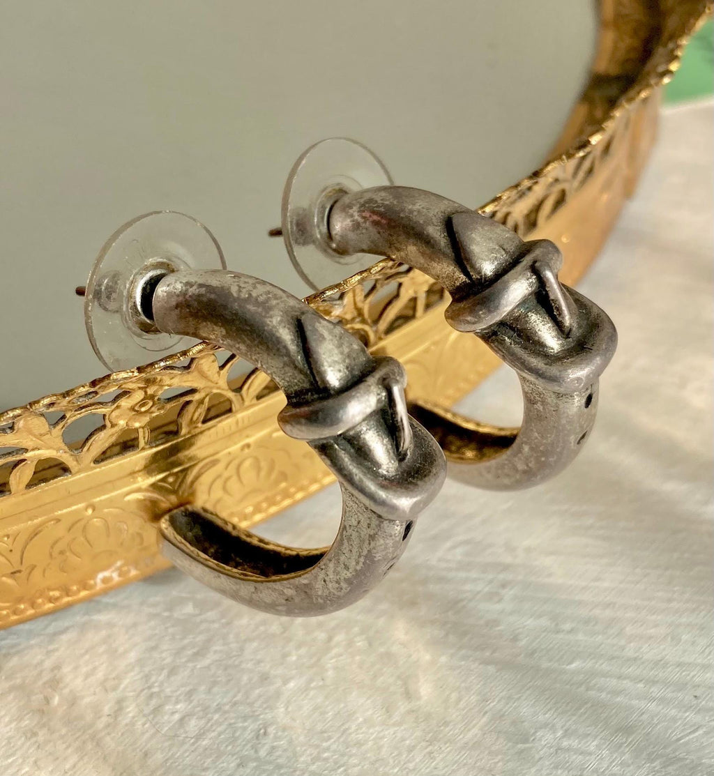 Vintage GUESS Silver Tone Belt Buckle Hoop Earrings