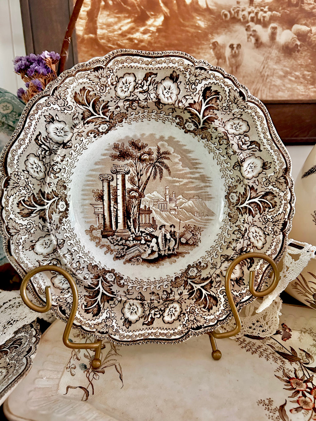 Antique Stained Worn Ironstone Transferware Dishes