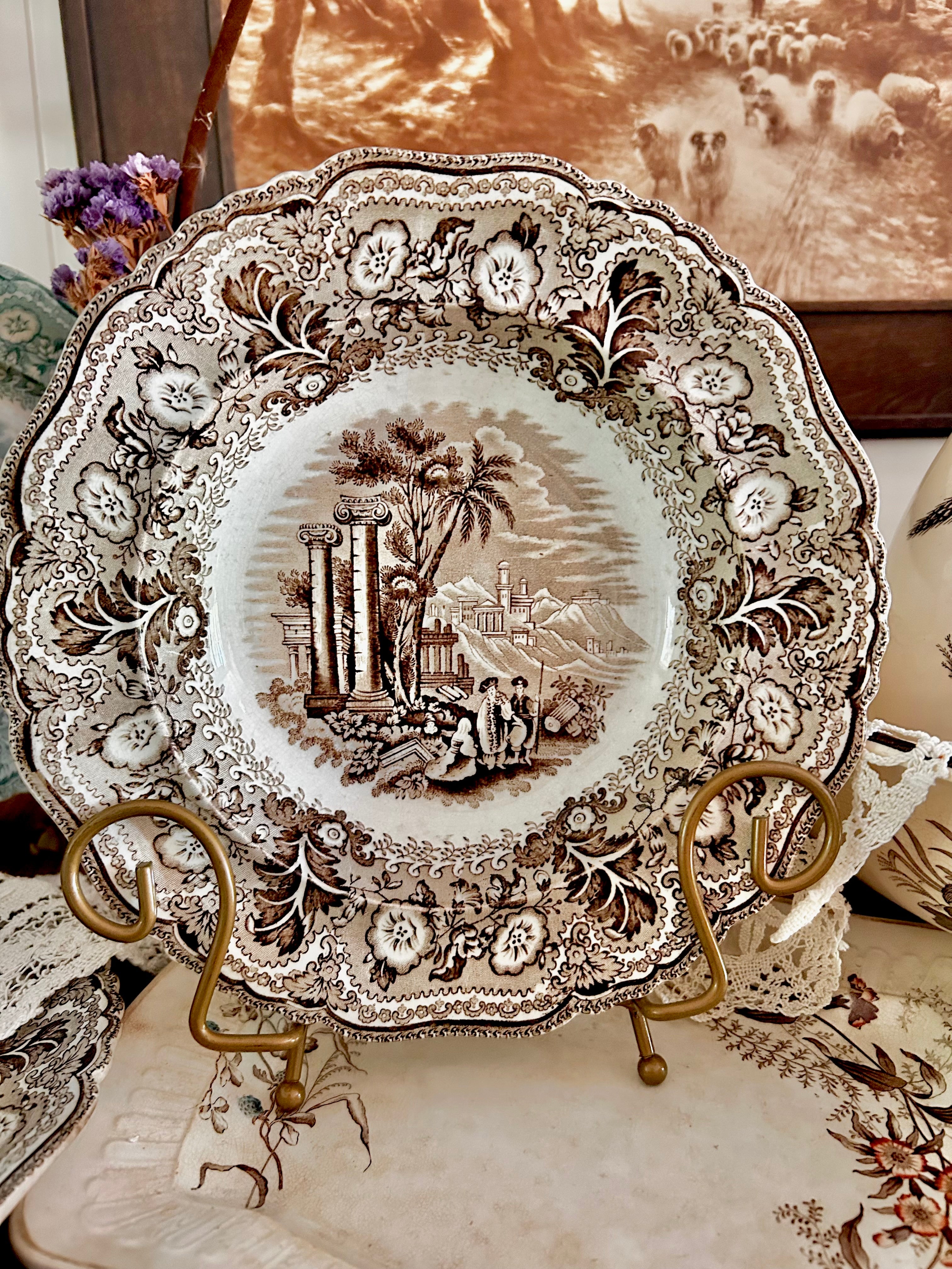Antique Stained Worn Ironstone Transferware Dishes