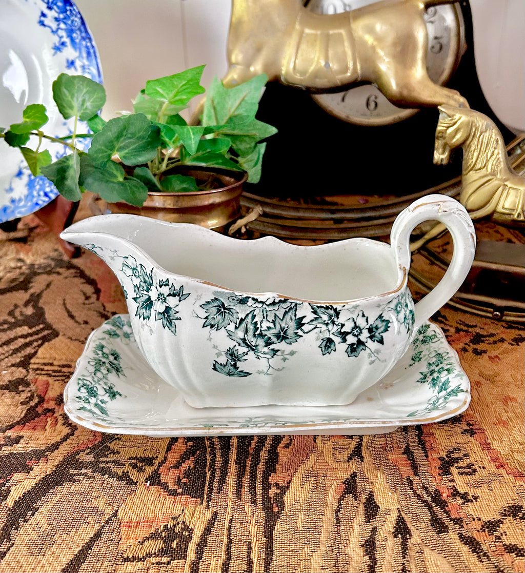 Antique Royal Vitreous Green White Transferware Gravy Boat with Underplate
