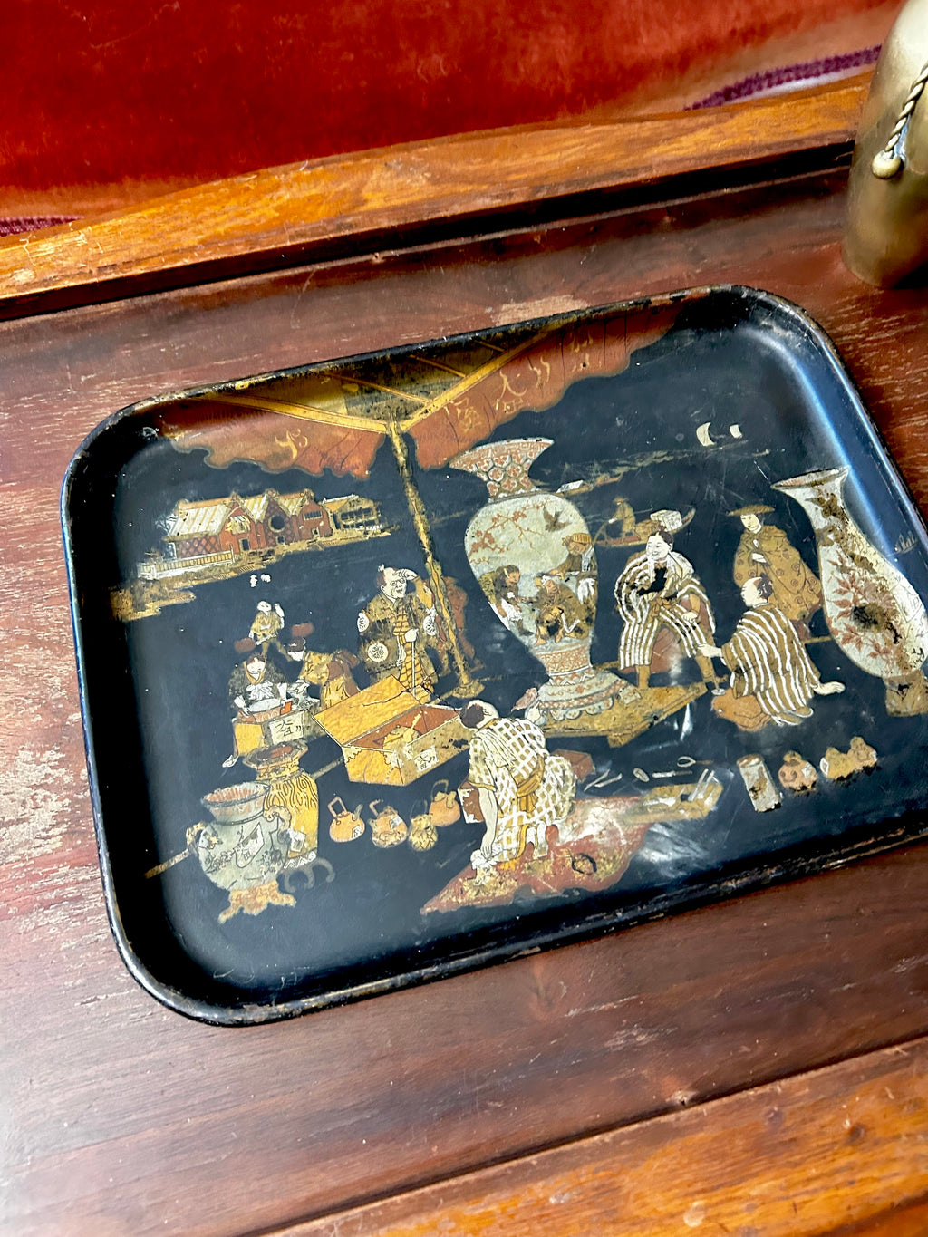 Antique 19th Century English Papier Mache Tray Chinoiserie Motif