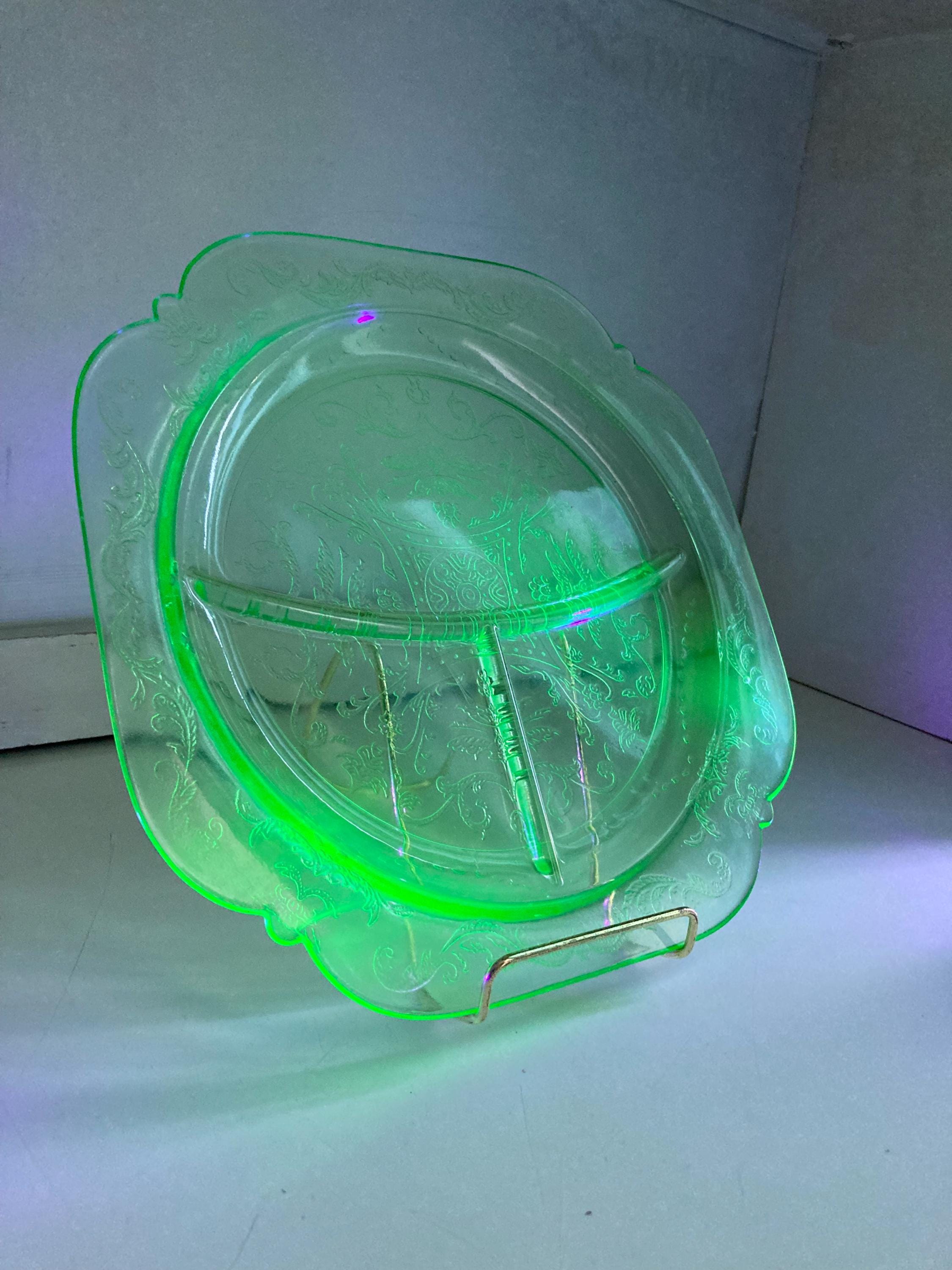 Vintage Uranium Green Glass Divided Plate: Federal Madrid Pattern