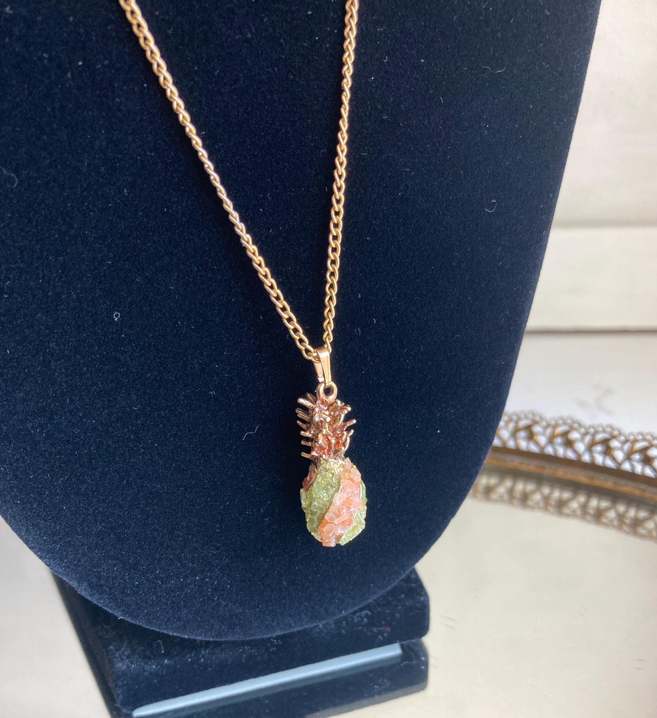 Vintage Semi-precious Stone Encrusted Pineapple Gold-tone Pendant on Long 24-inch gold-tone Chain