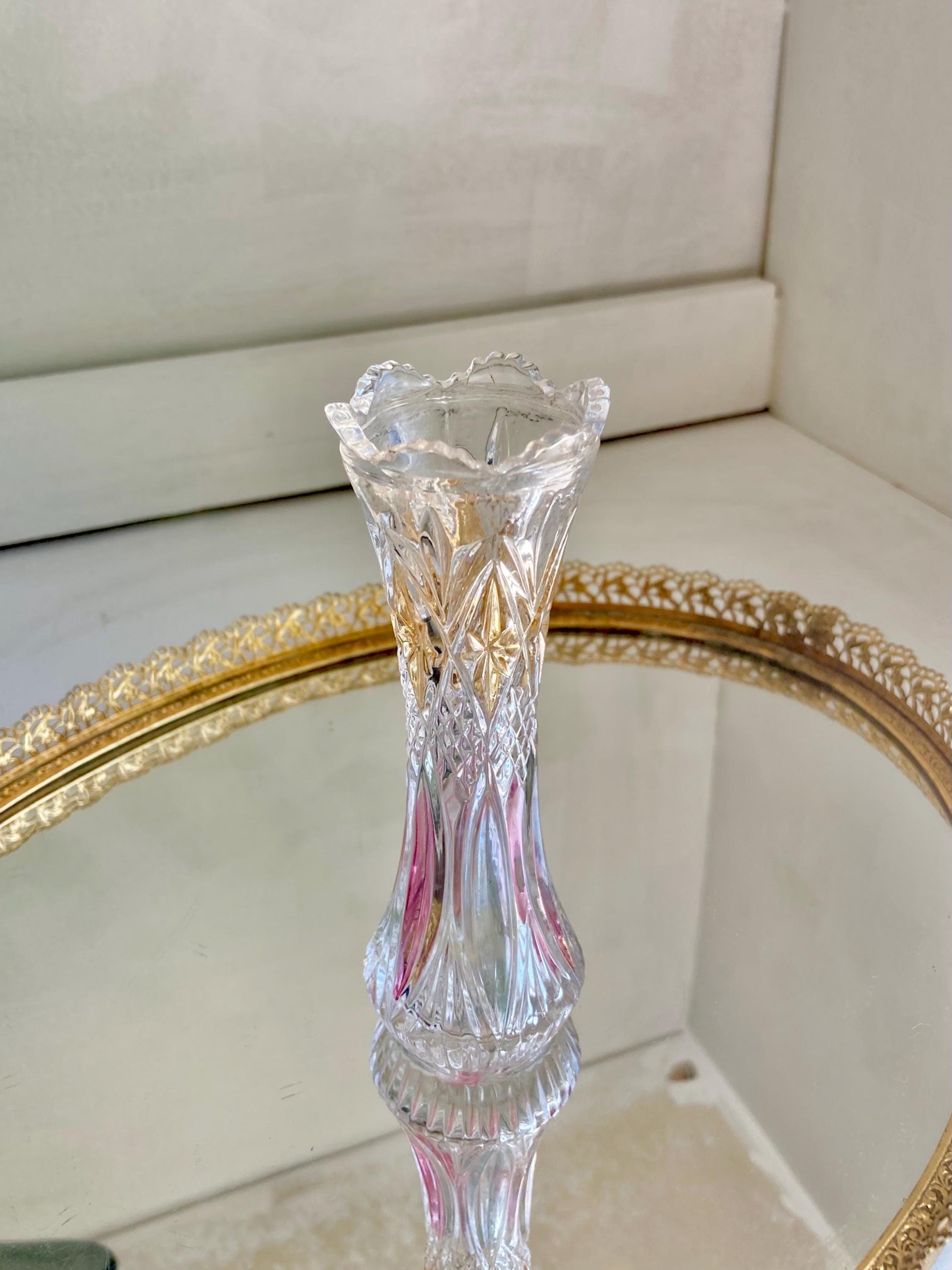 Vintage Pressed Glass Bud Vase - Fluted Ruffled Rim, Diamond Cut