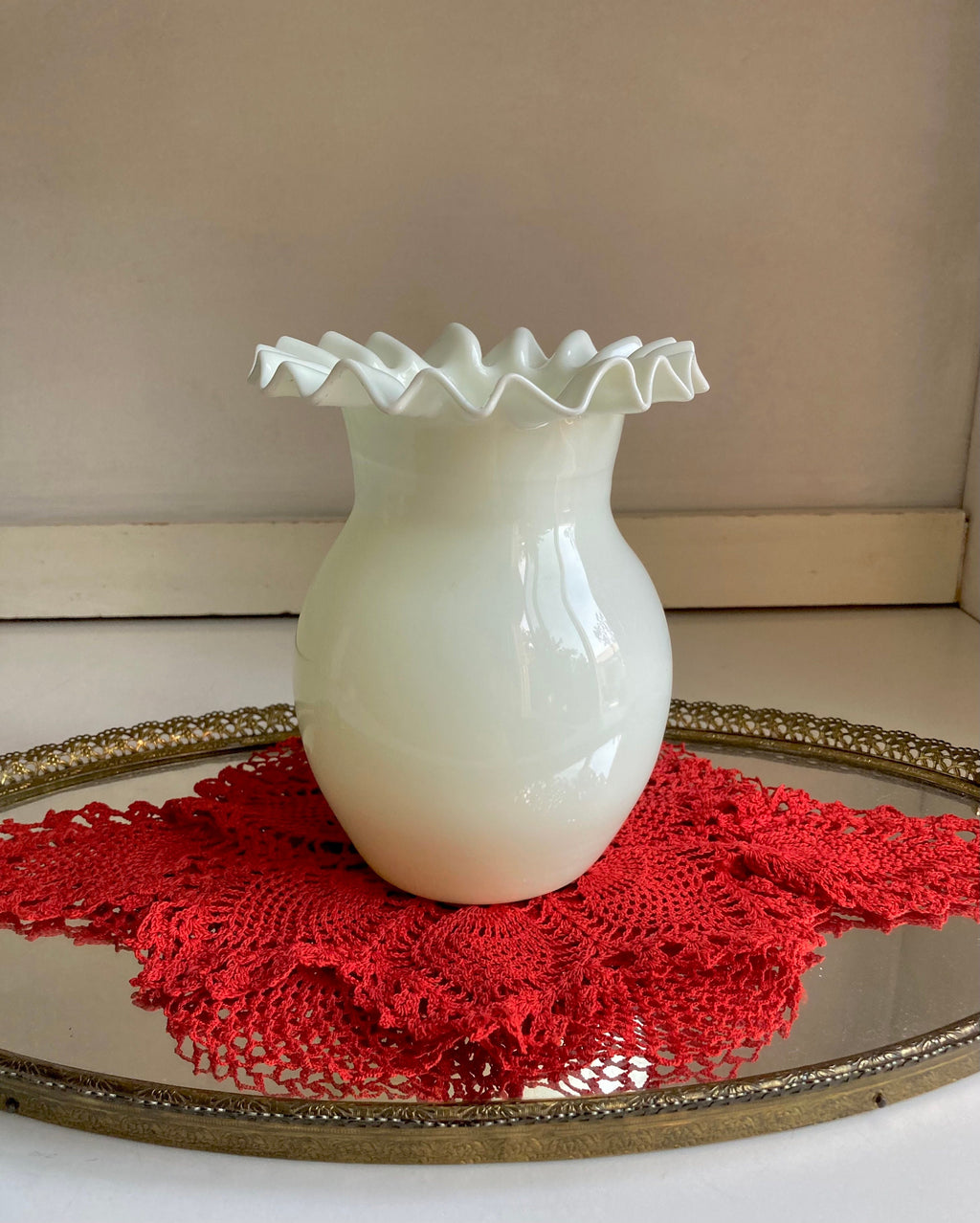 Vintage Blown Milk Glass, Crimped Rim Vase - Portugal