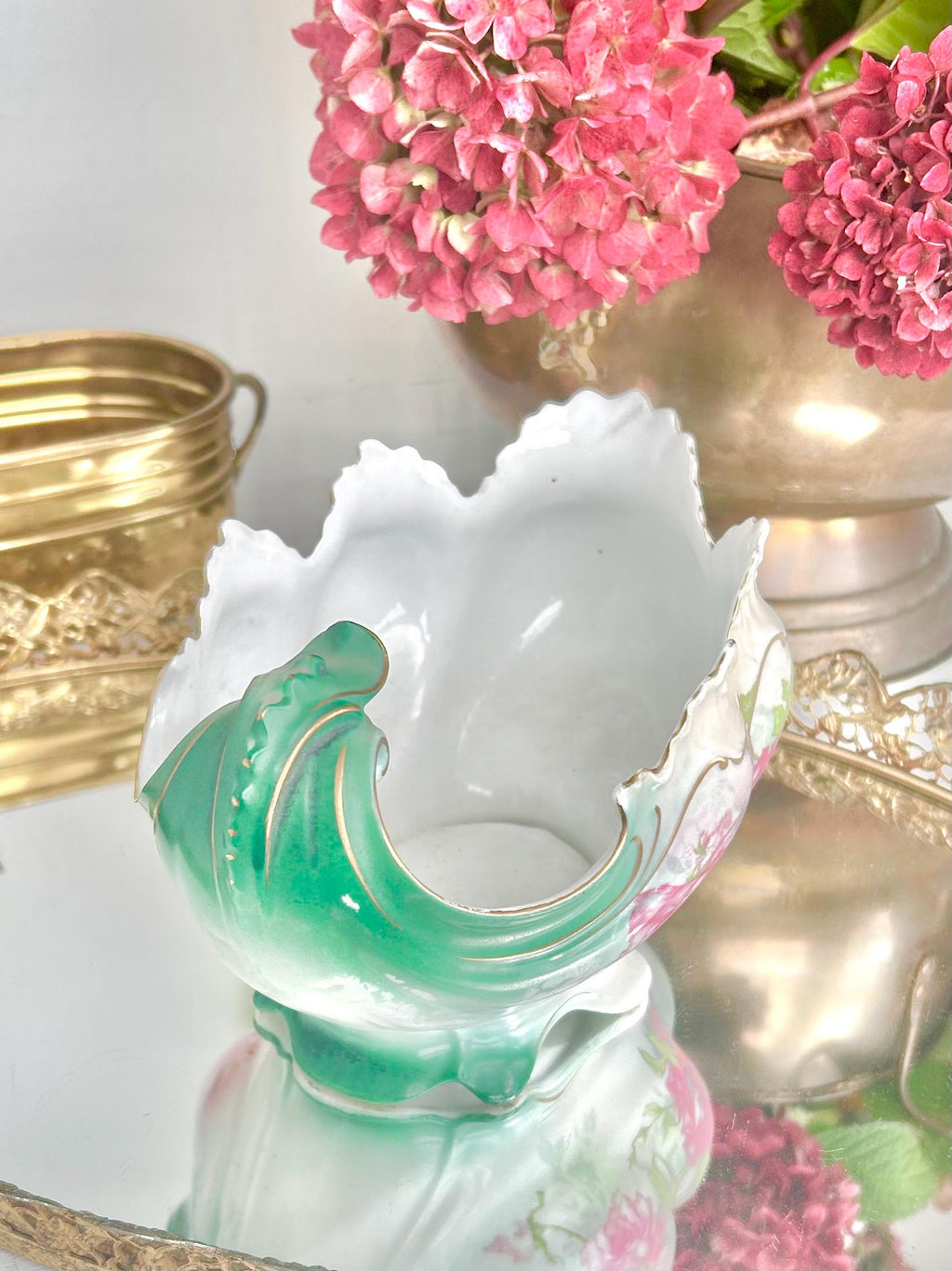 Art Nouveau Porcelain Gravy Boat: New Habsburg Austria, Teal Roses, Gold Trim