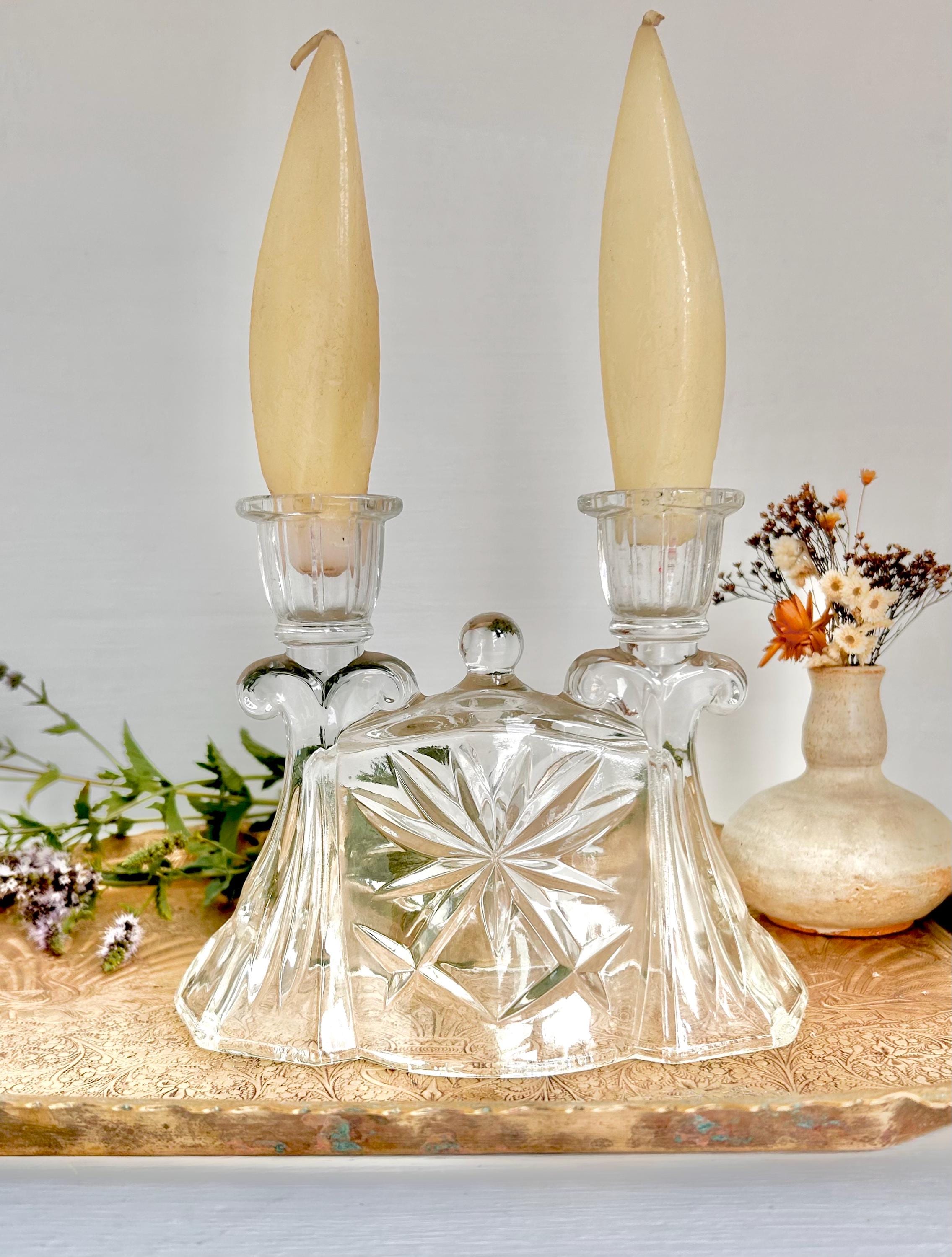 Vintage Anchor Hocking Prescut Double Candlestick Holder - Heavy Pressed Cut Clear Glass Candelabra