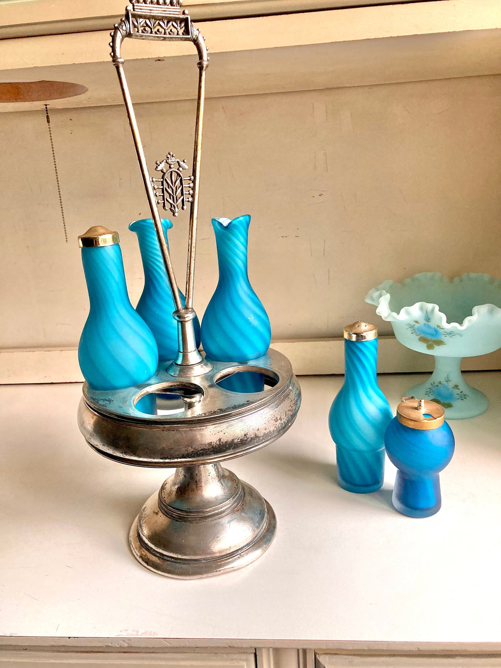 Antique Meriden Silver Plated Cruet Caddy: Sky-Blue Swirl Glass Bottles