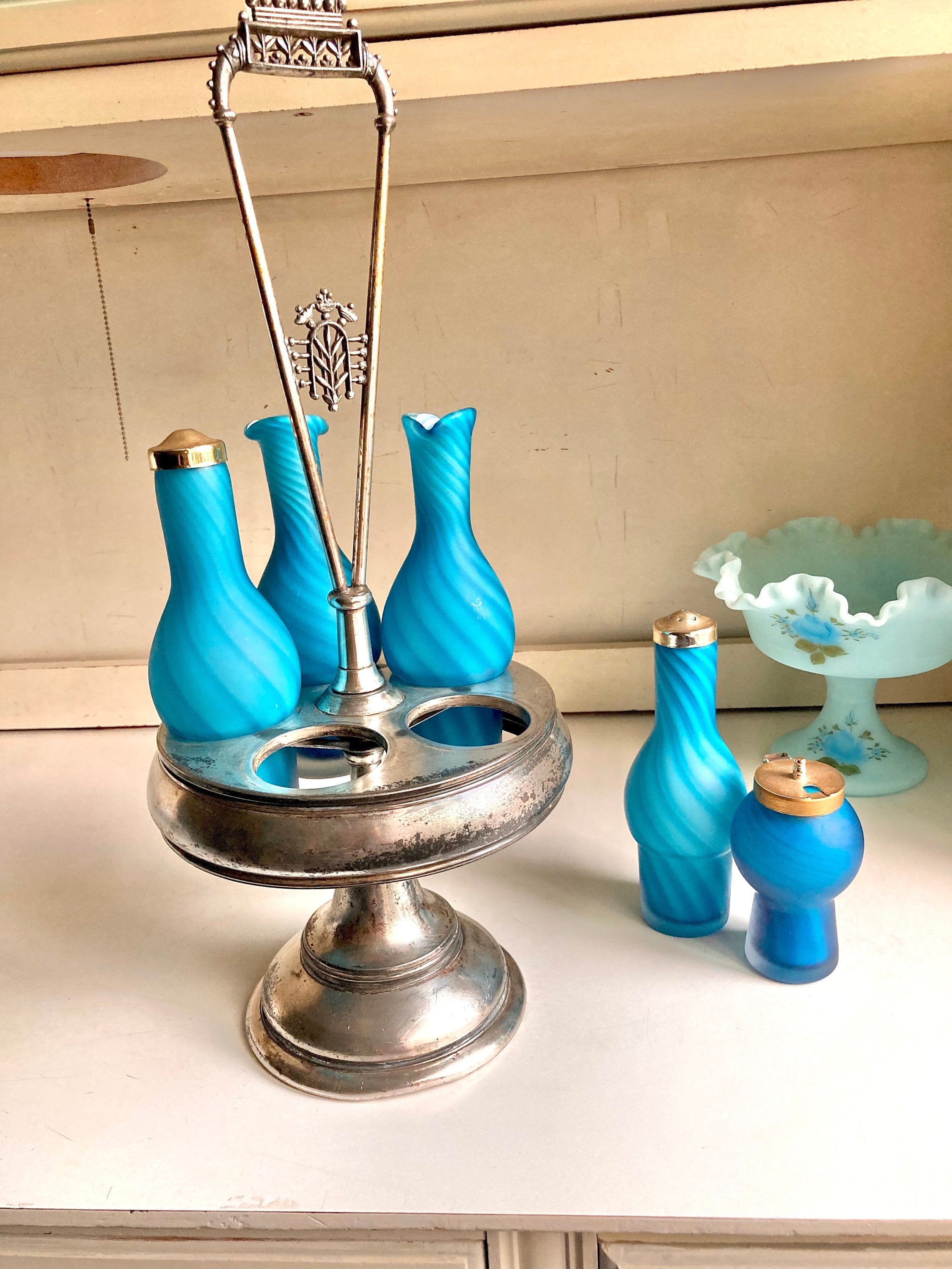 Antique Meriden Silver Plated Cruet Caddy: Sky-Blue Swirl Glass Bottles
