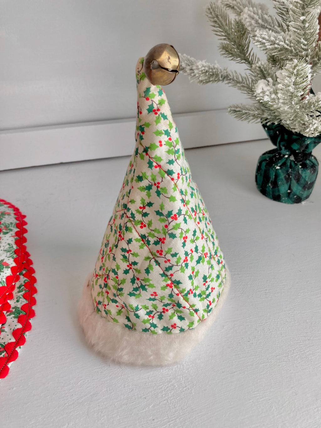 Vintage Mini Quilted Christmas Cap: Faux Fur Lined Santa Hat with Brass Bell