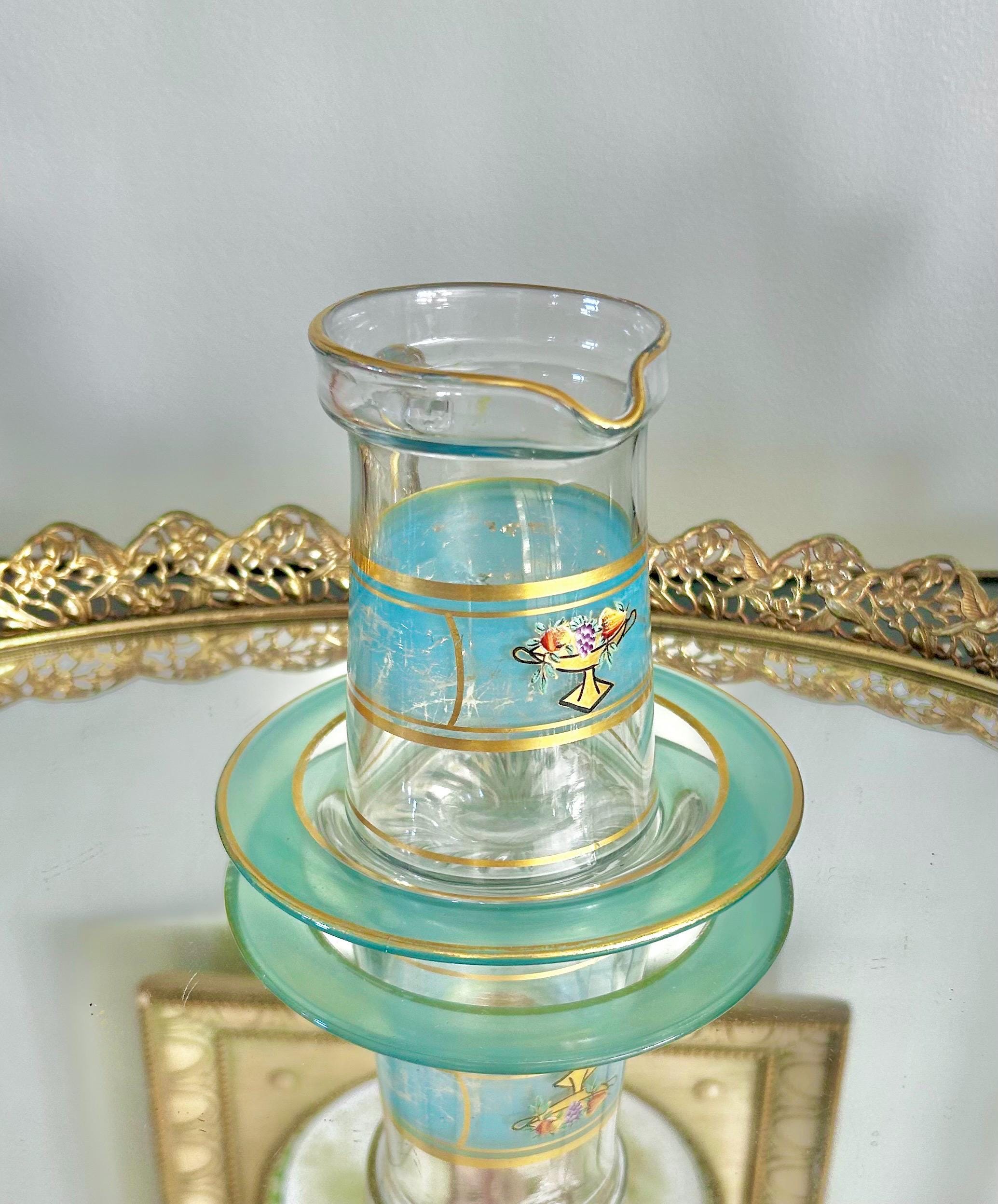 Vintage Hand-painted Small Glass Pitcher/Creamer with Under-plate, Blue and Gold Trim