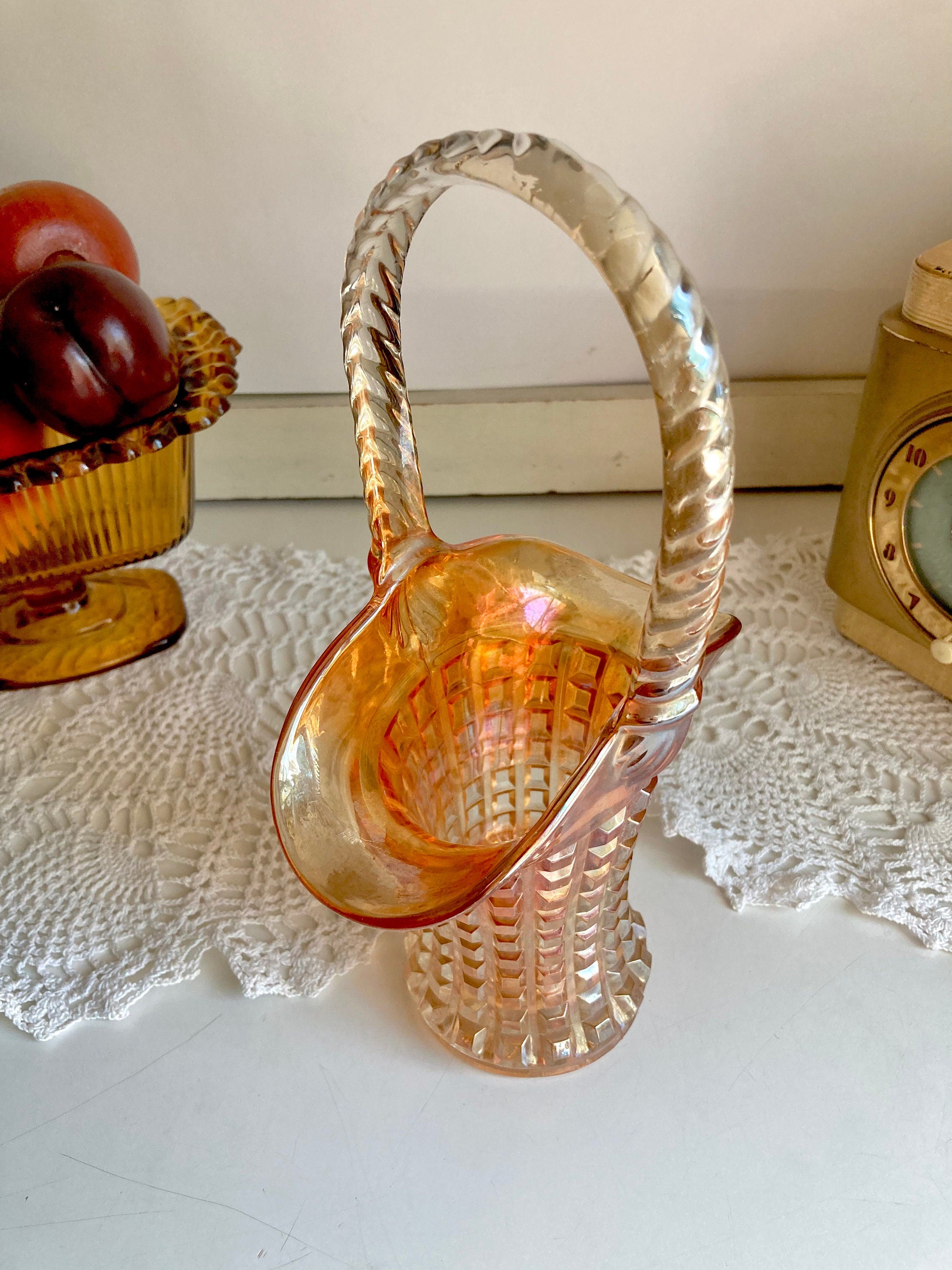 Vintage Imperial Marigold Carnival Glass Basket Vase: Waffle Block Pattern, Braided Handle