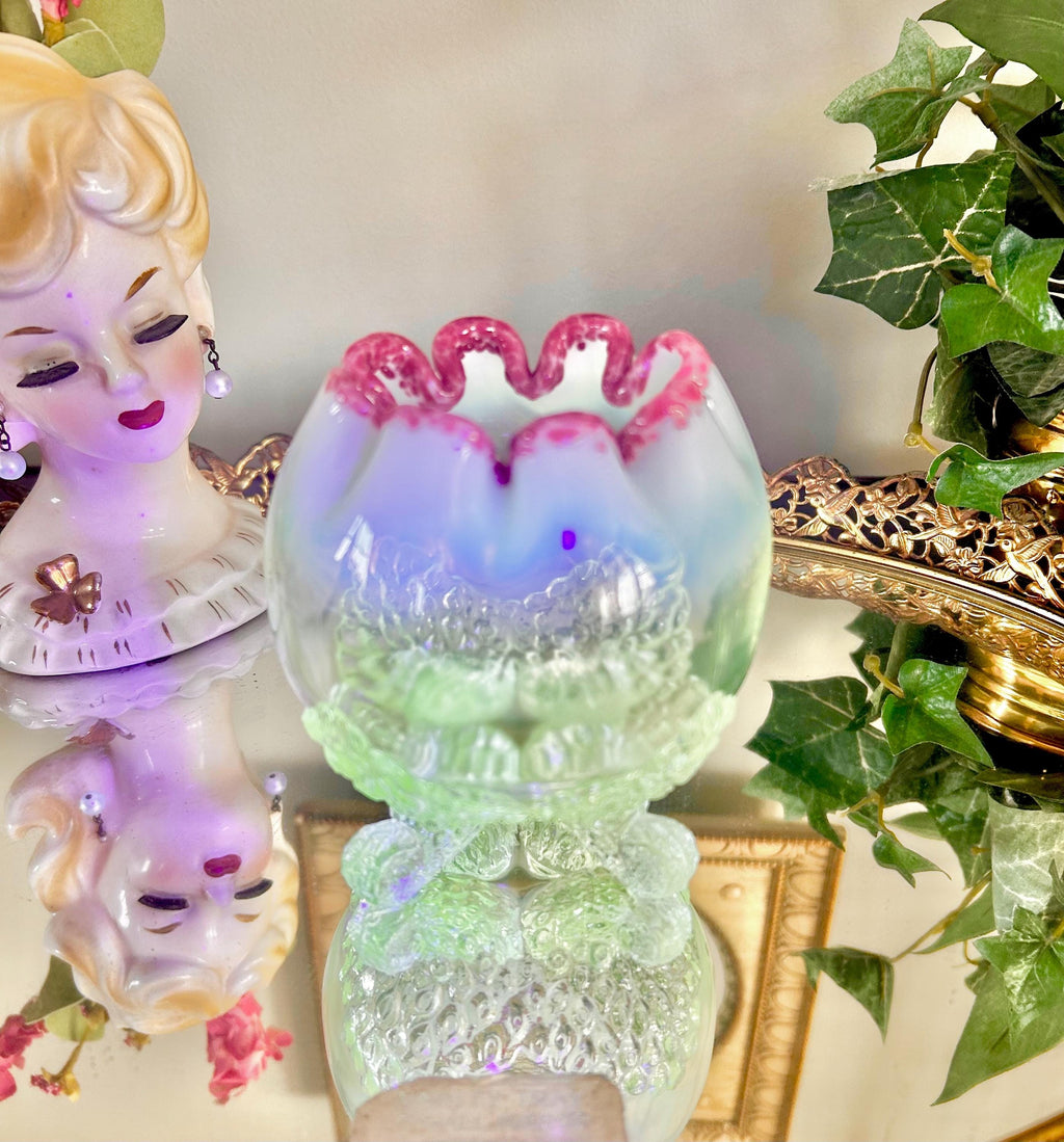 Antique EAPG Uranium Clear and Opalescent Glass Footed Rose Bowl with Pink Edge