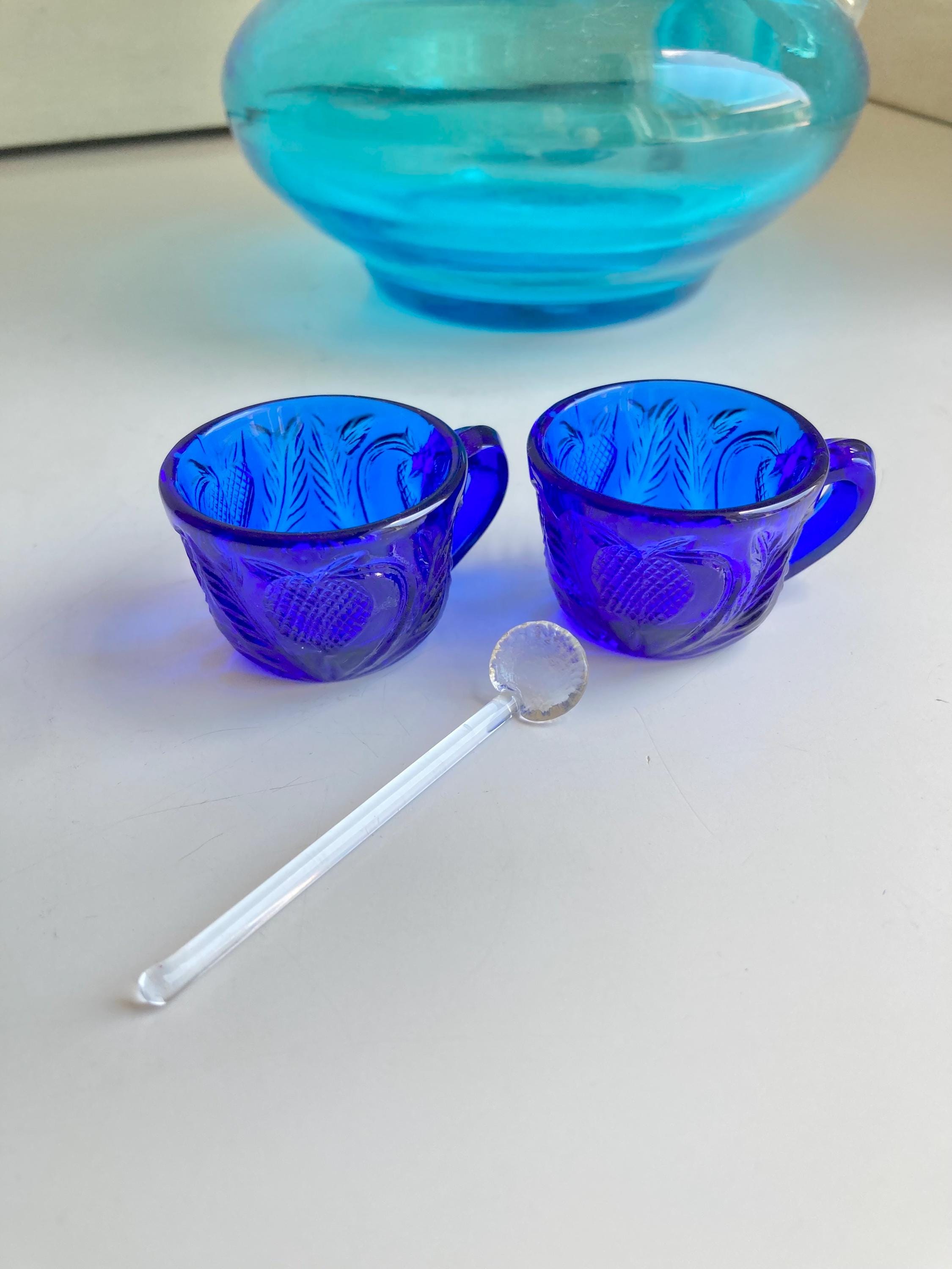 Vinage Cobalt Blue Glass Salt Cellars with fruit pattern, cup handles