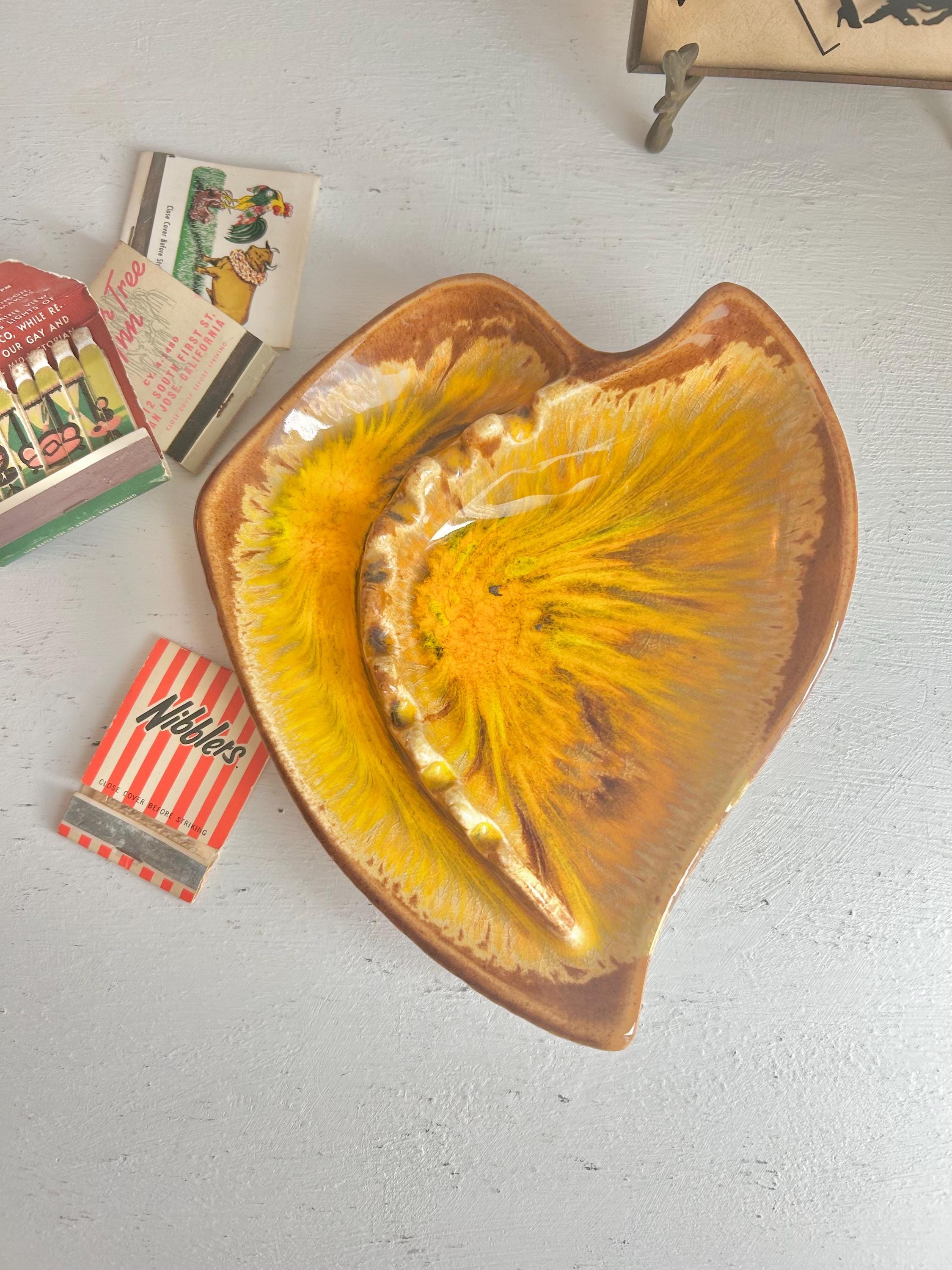 Vintage MCM Leaf Ashtray: Drip Glaze California Pottery