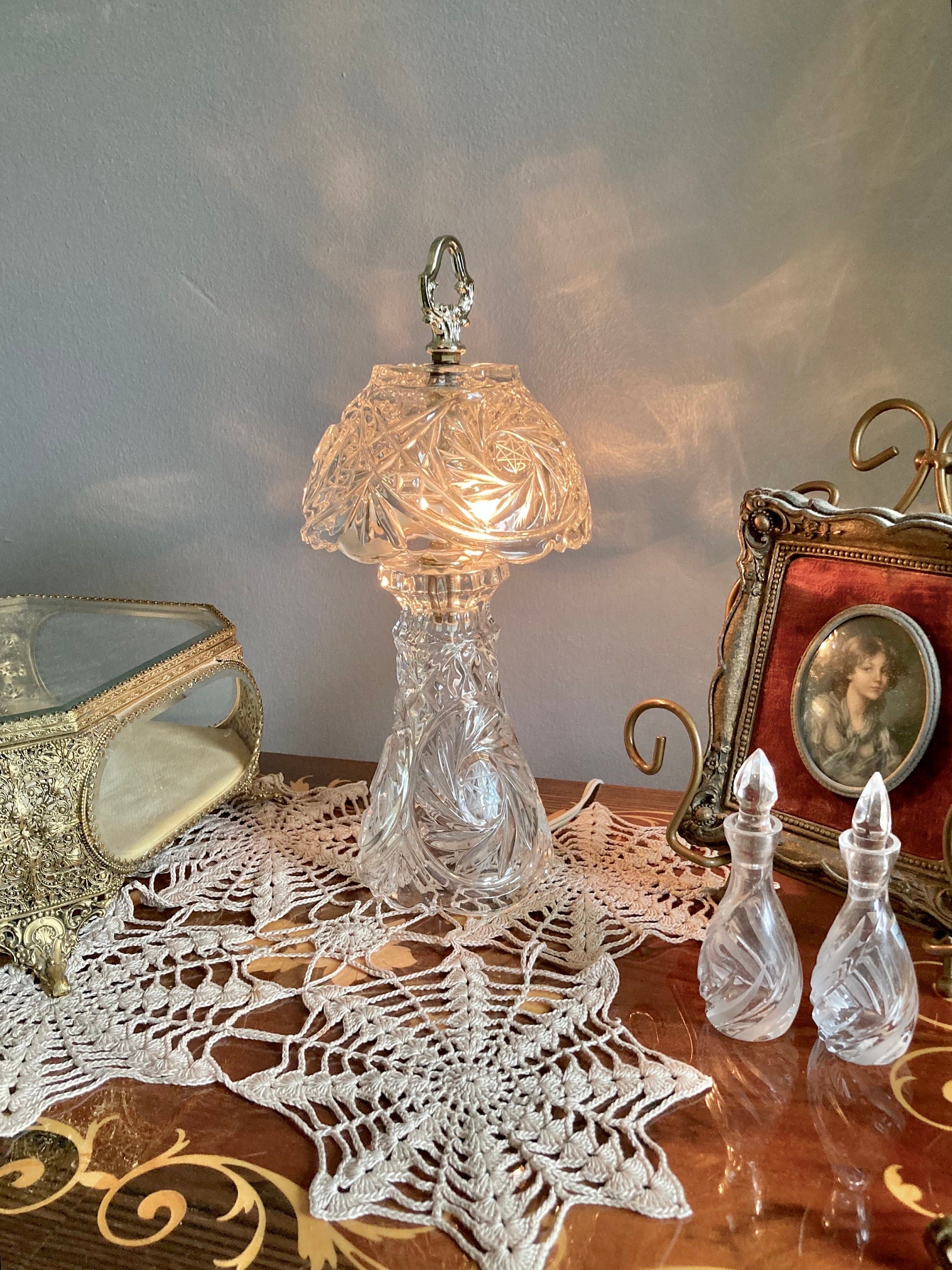 Small Glass Boudoir Parlor Lamp with Brass Finishings - Cut Geometric and Star Pattern