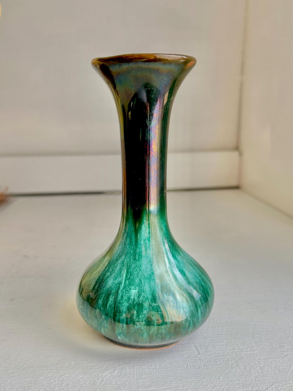 Vintage Blue Mountain Pottery Bud Vase – Teal Drip Glaze, Canadian Ceramic