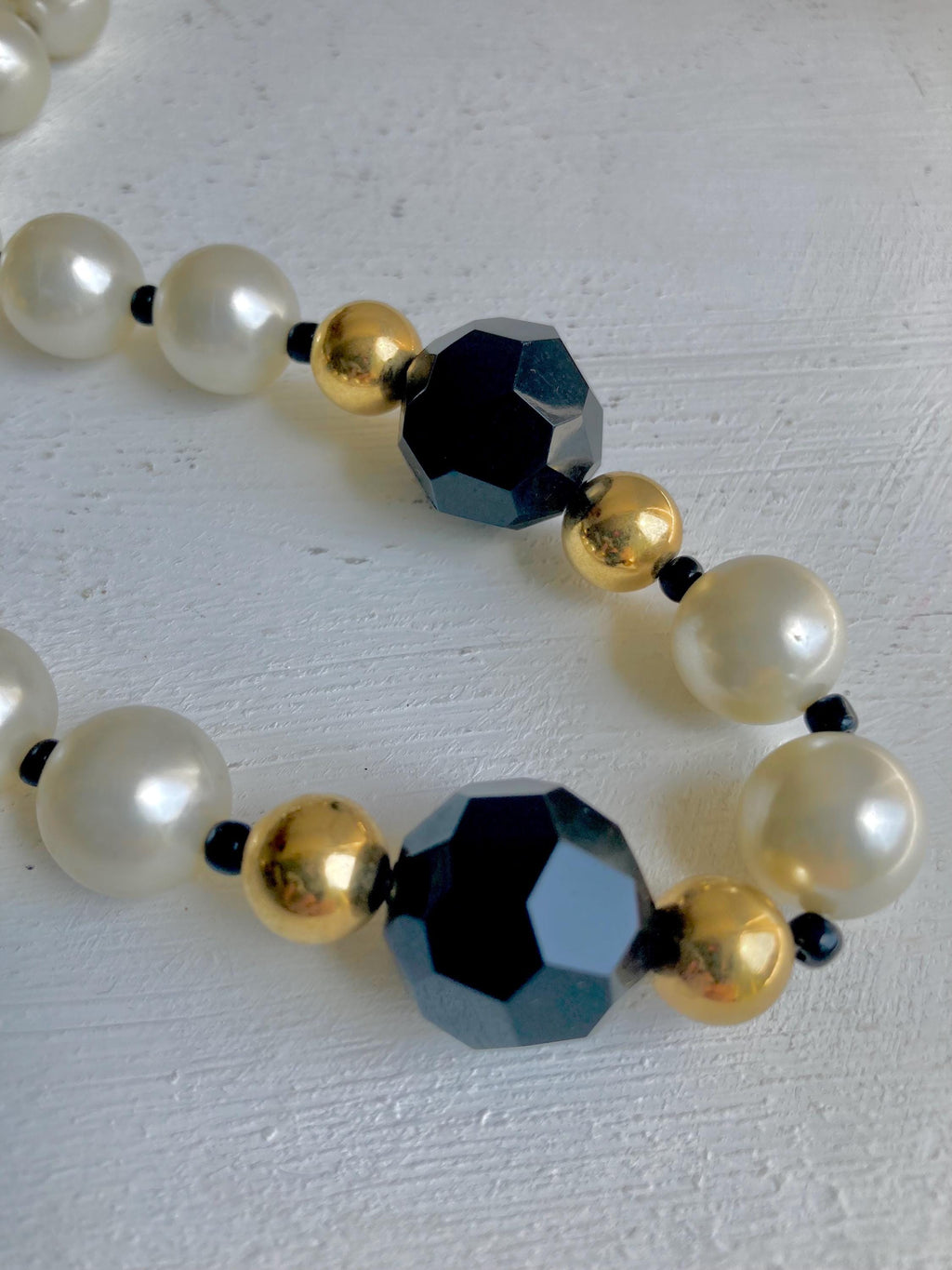 1980s AVON Beaded Necklace: Faux Pearls & Black Beads