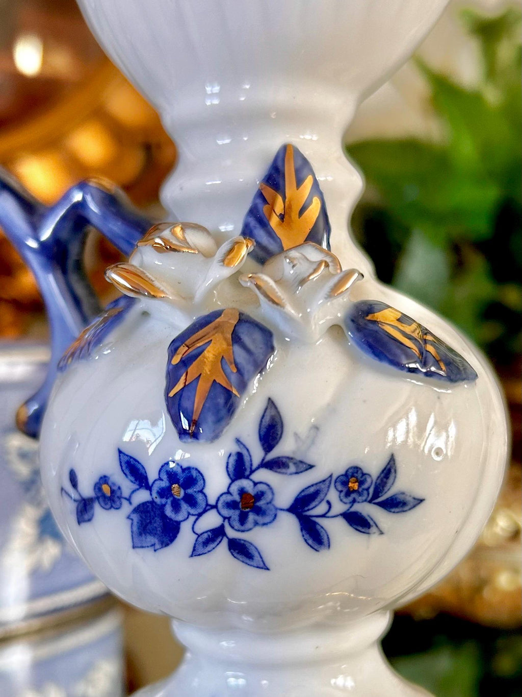 Vintage Brinns Blue and White Ceramic Ewer with Applied Roses
