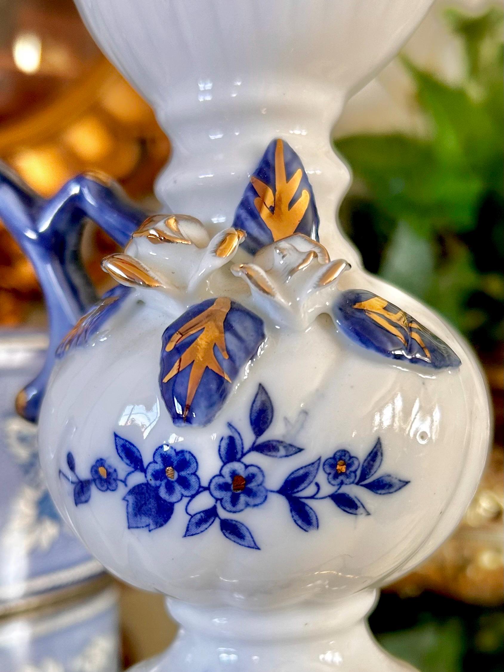 Vintage Brinns Blue and White Ceramic Ewer with Applied Roses
