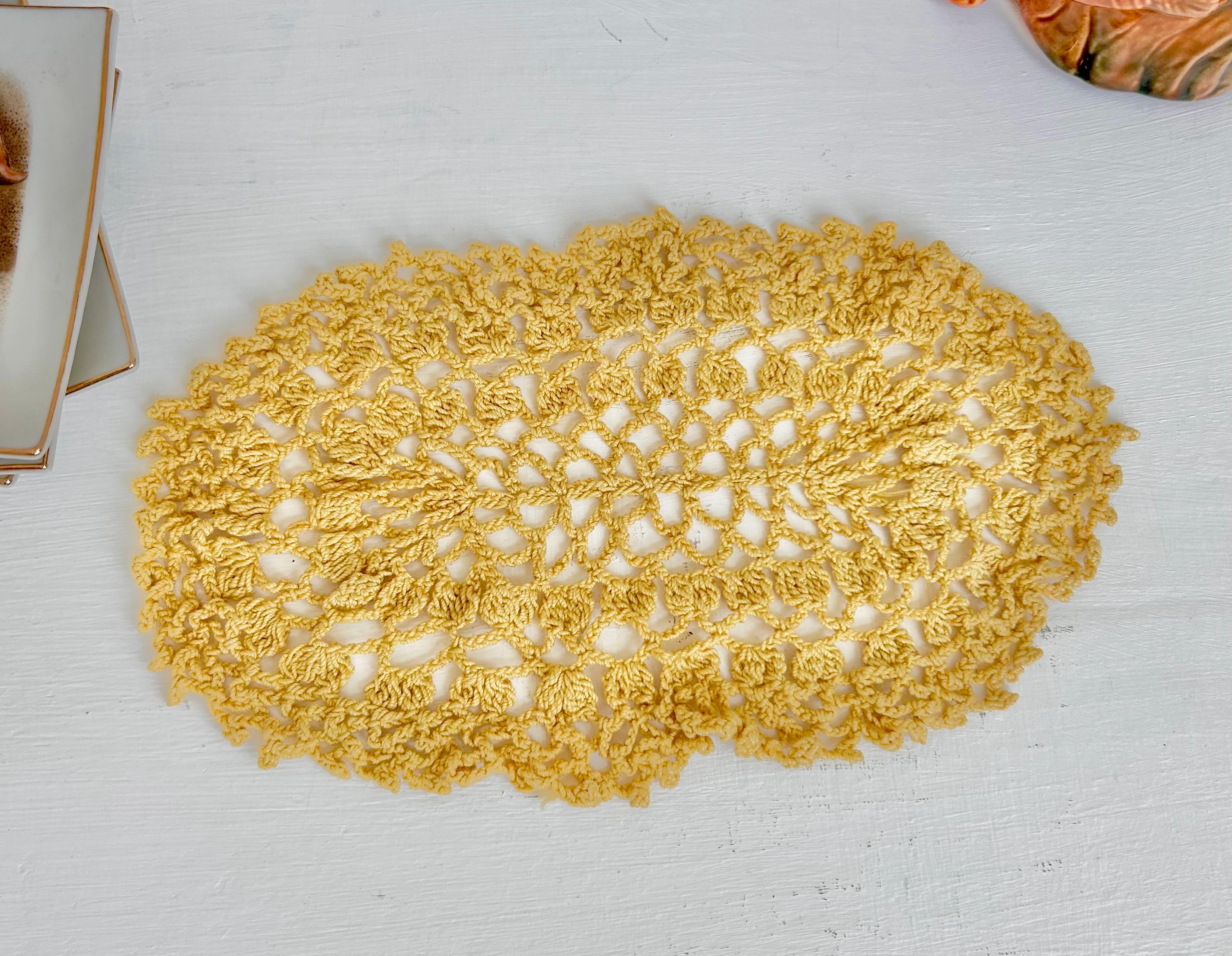 Sweet Little Vintage Crocheted Gold Colored Oblong Doily