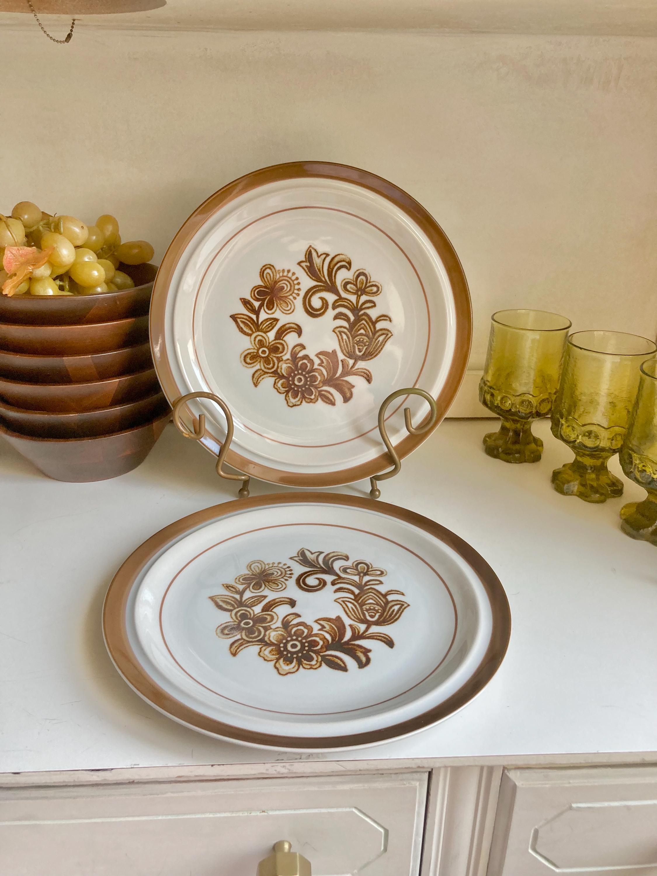 Vintage Monterrey Stoneware Dinner Plates - Brown Floral Set of 2