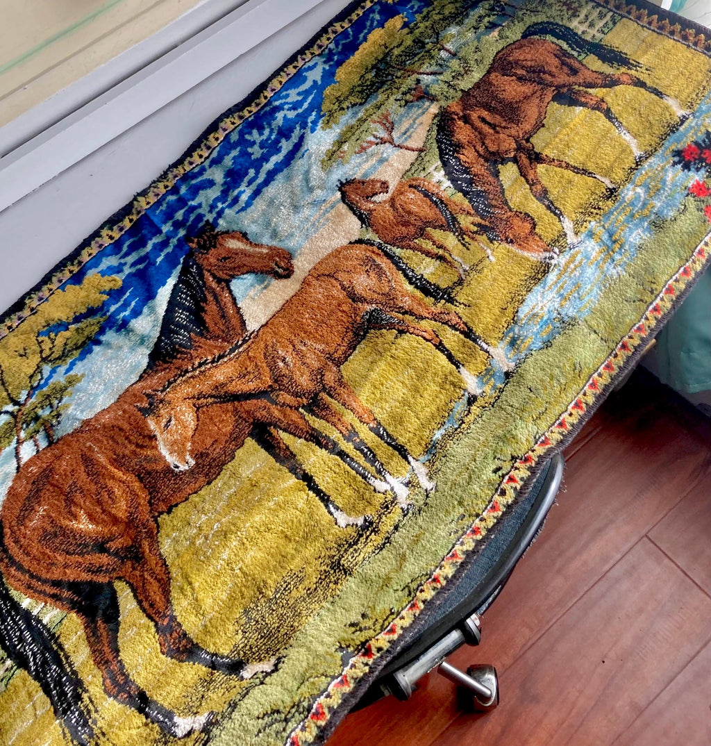 Vintage Italian Horse Tapestry: Kitsch Western Wall Hanging