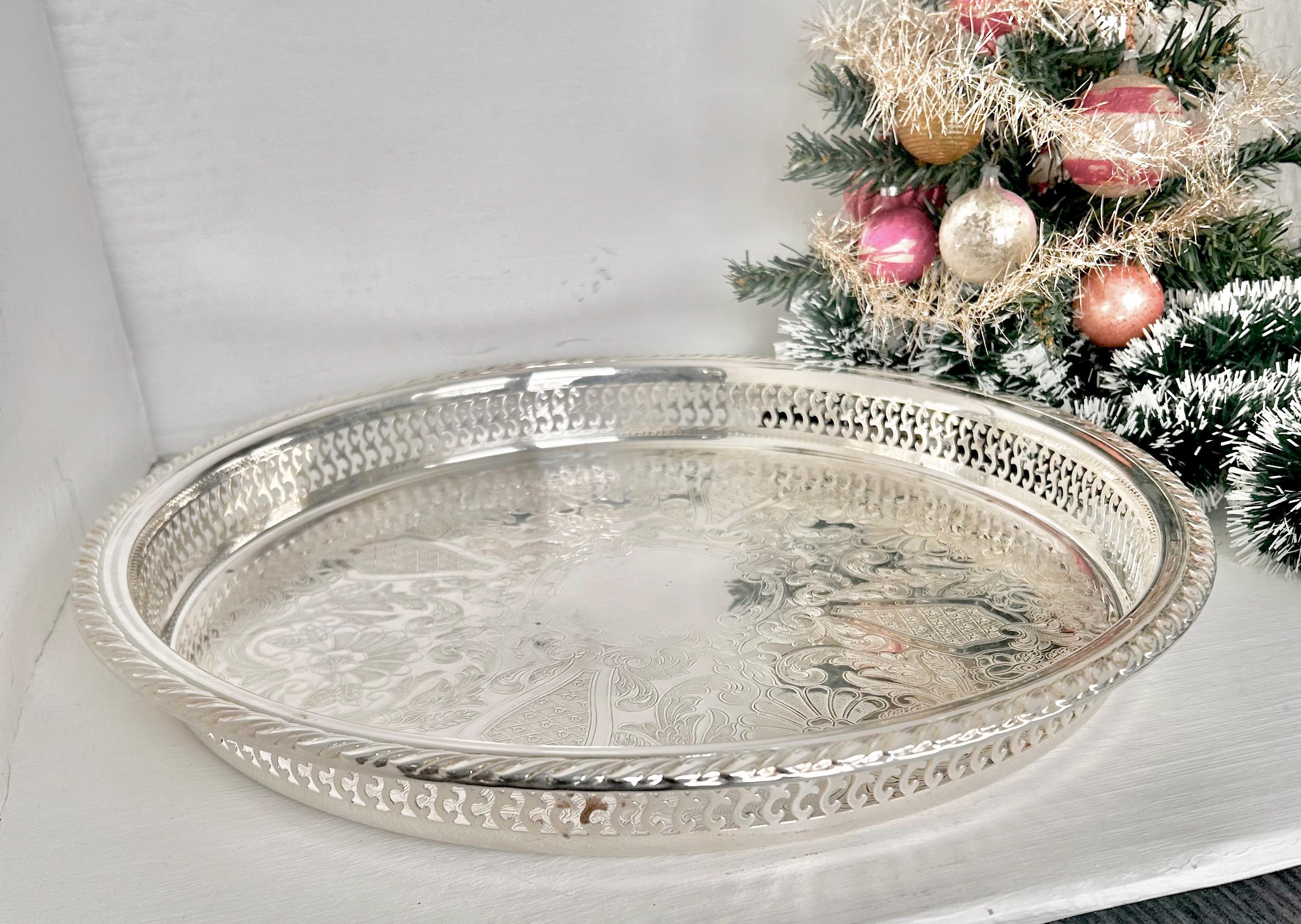 Large 15 inch Vintage Silverplate Gallery Tray Reticulated Rim Oneida USA