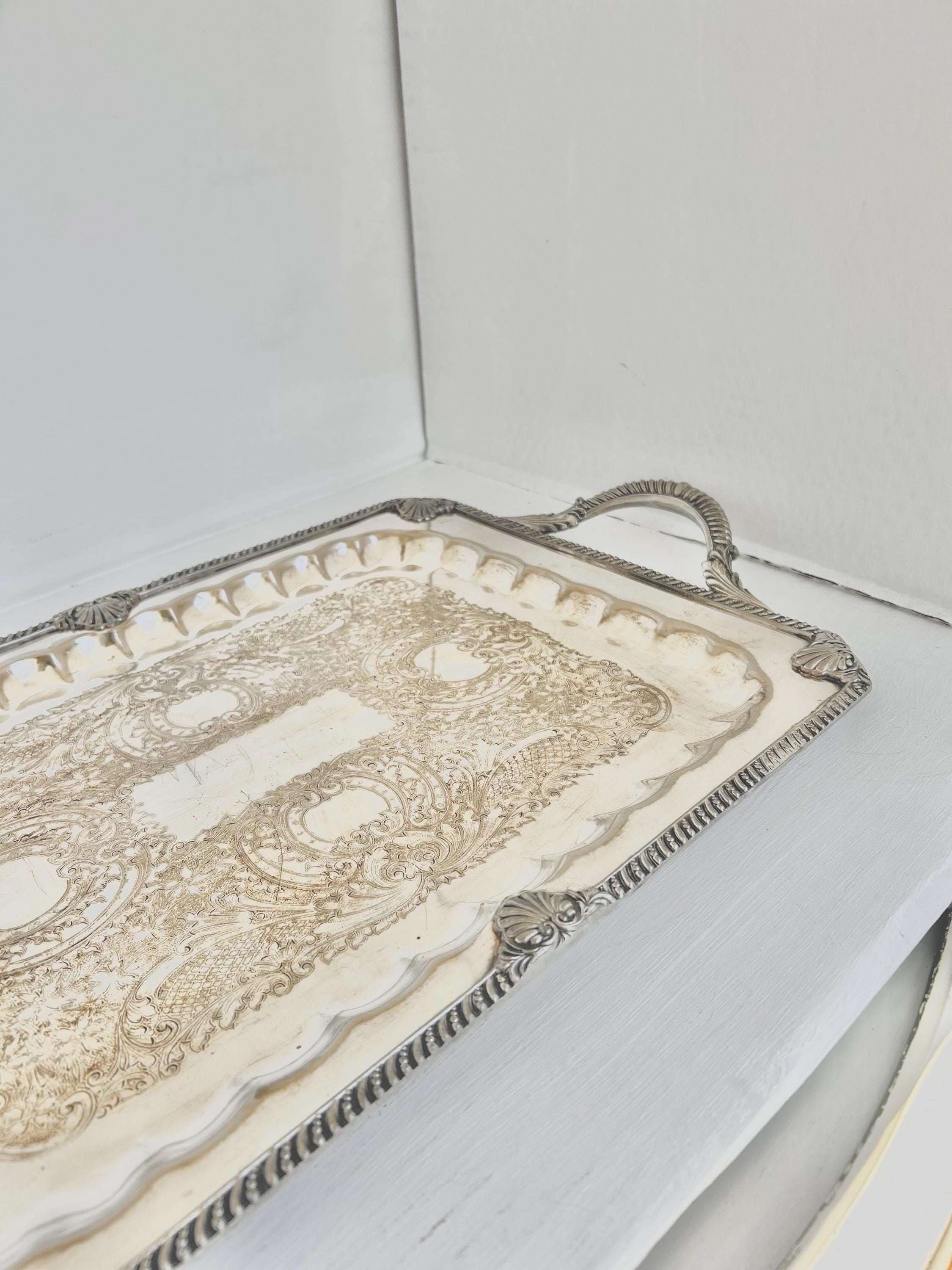 Vintage Silverplated Copper Tray: Neoclassical Seashell Rim, English Silver Co. - Vintage worn