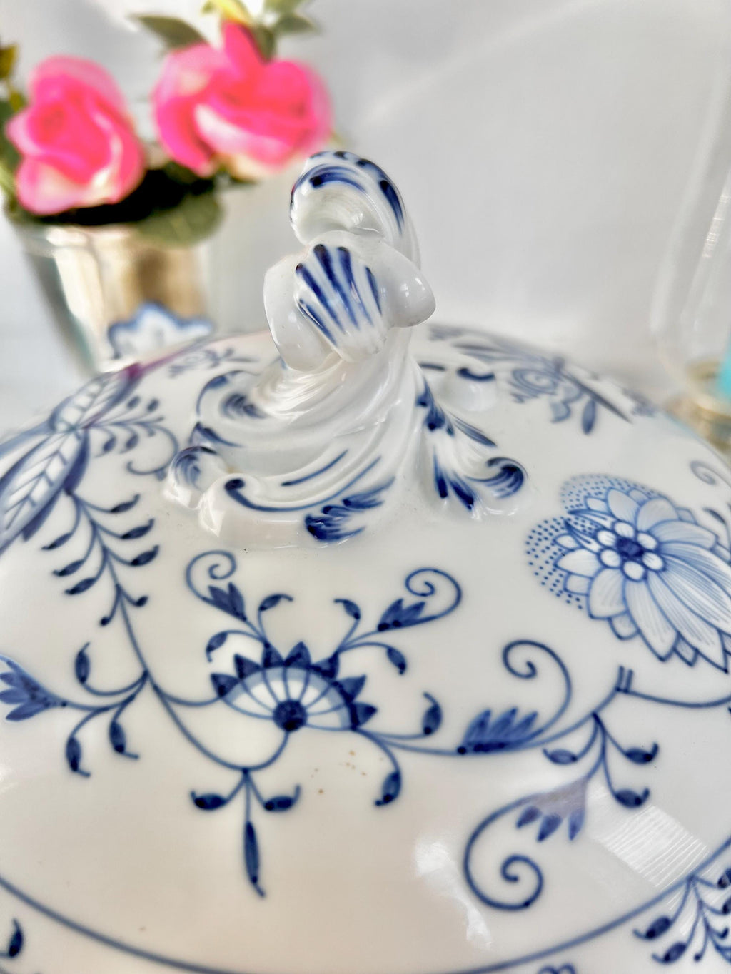 Meissen Porcelain Blue Onion Tureen - Blue Sword Backstamp Scroll Finial Lid - Newer production