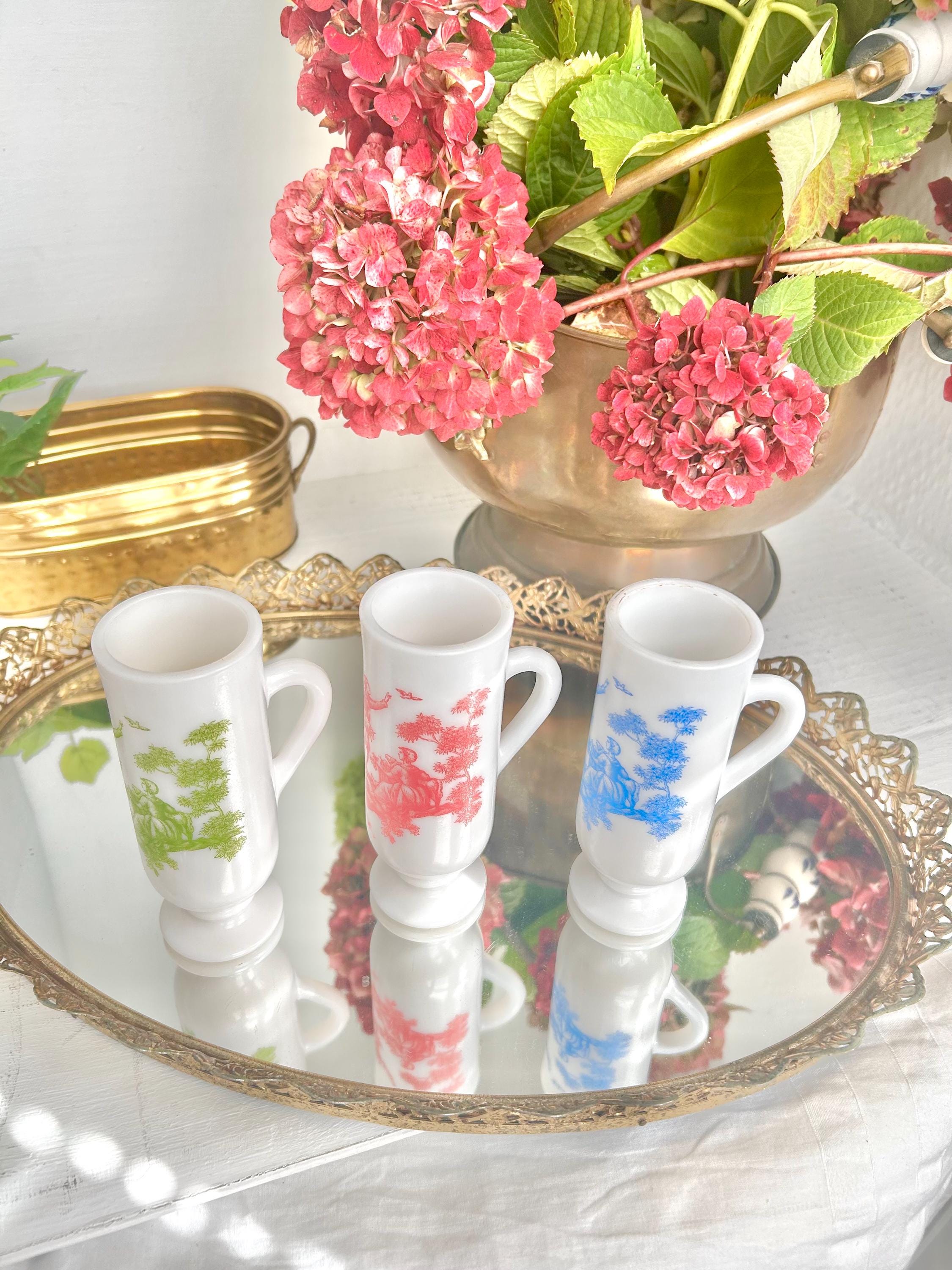 Vintage AVON Milk Glass Demitasse Cups with Colonial Toile