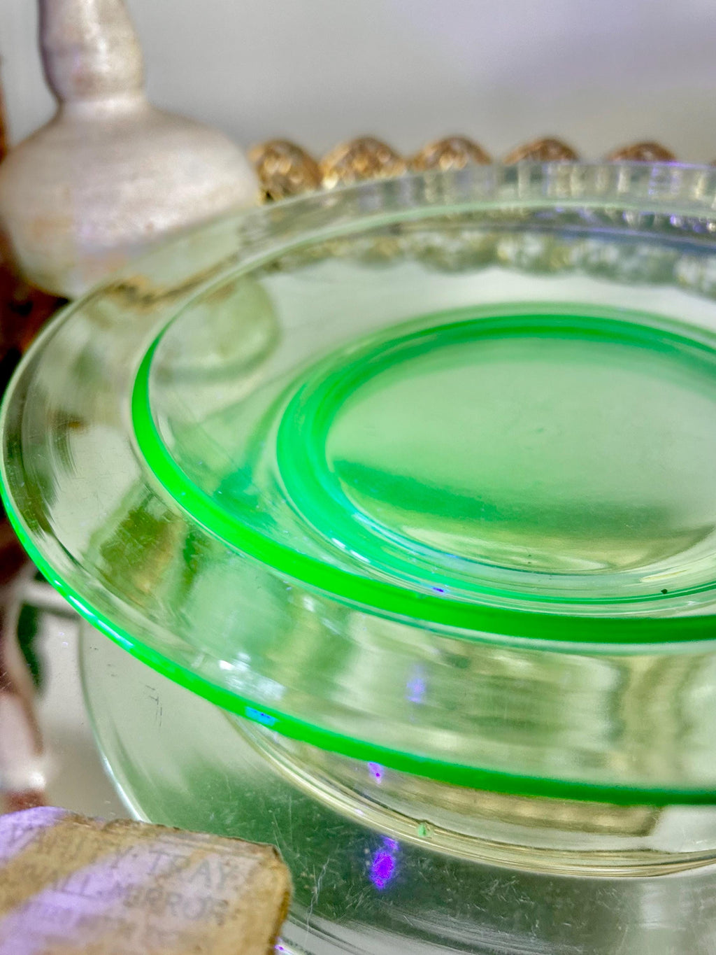 Vintage Uranium Green Heavy Pressed Glass Dish