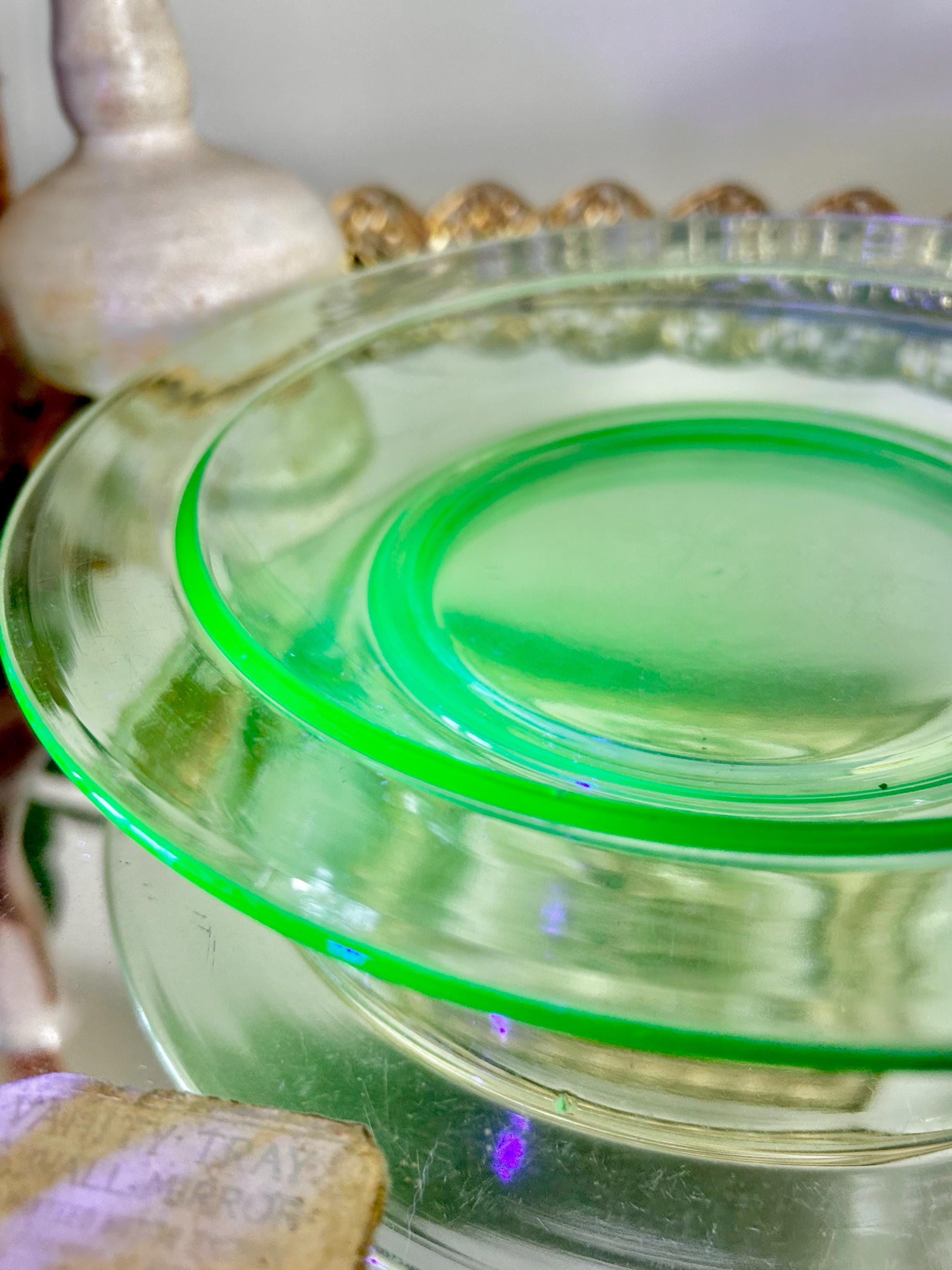 Vintage Uranium Green Heavy Pressed Glass Dish