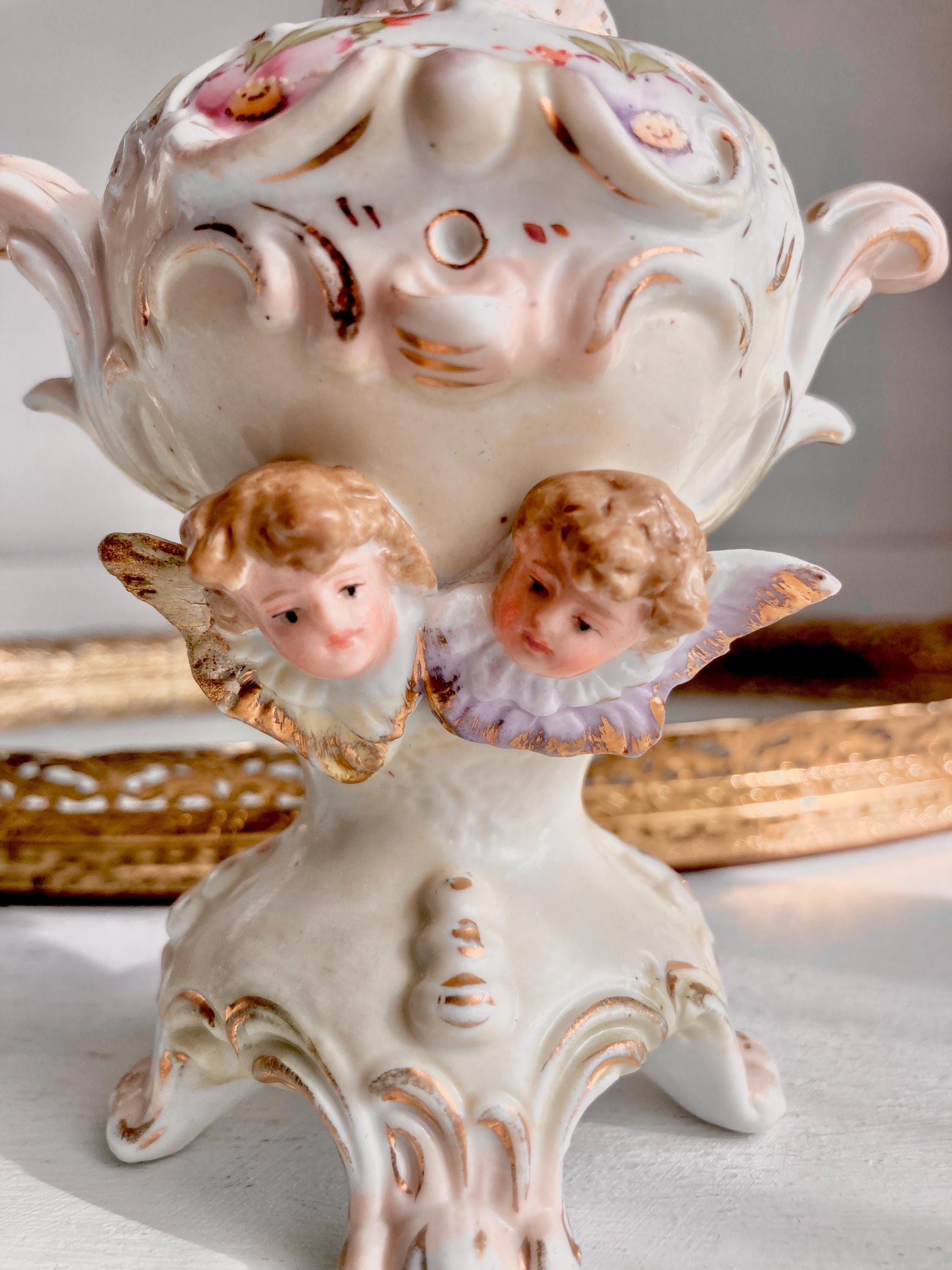 Vintage Cherub Perfume Bottle: Ornate Porcelain, Hand-Painted Victorian Motifs