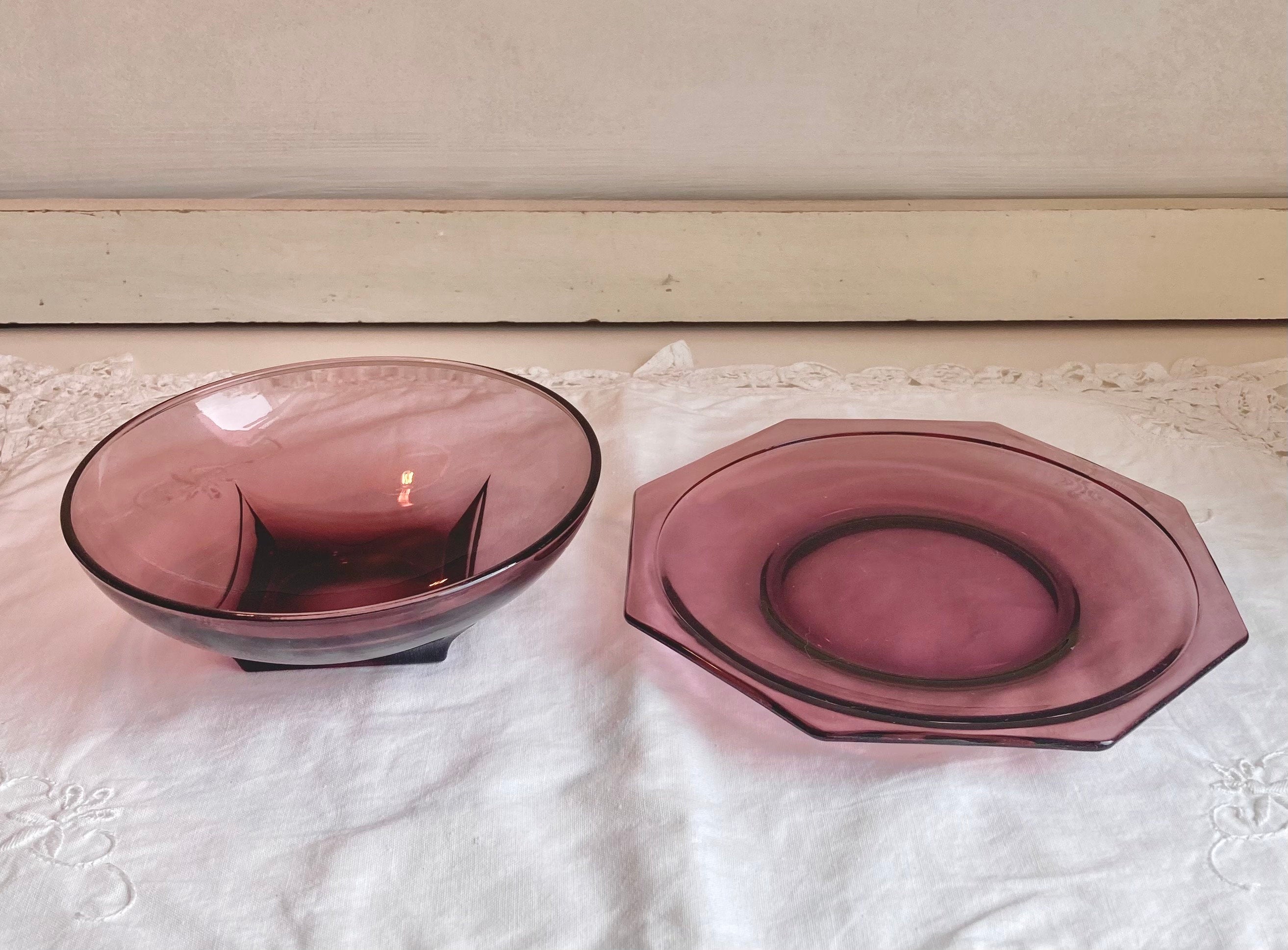 Vintage Hazel Atlas Moroccan Amethyst square-base bowl and octagon plate set