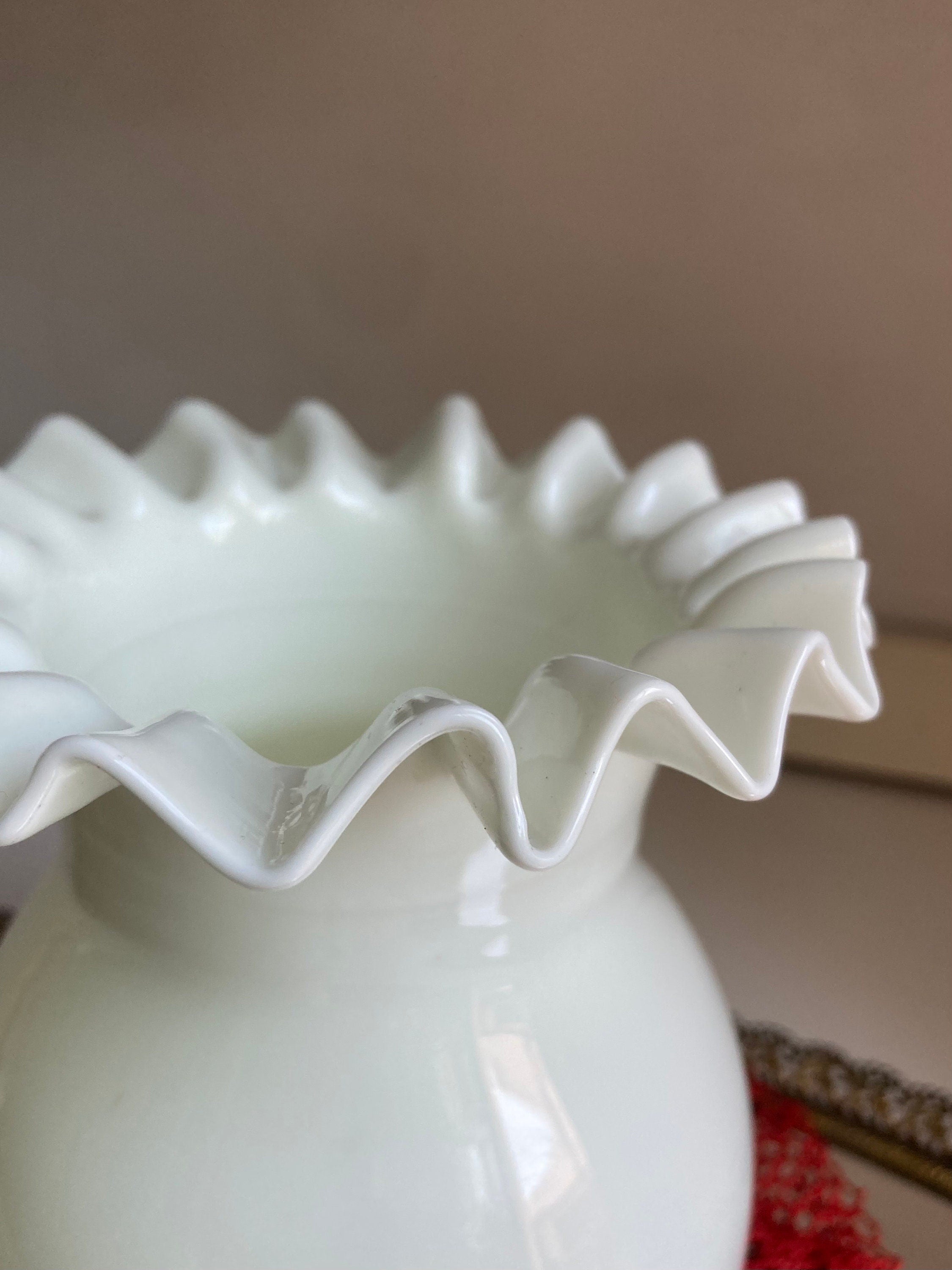 Vintage Blown Milk Glass, Crimped Rim Vase - Portugal