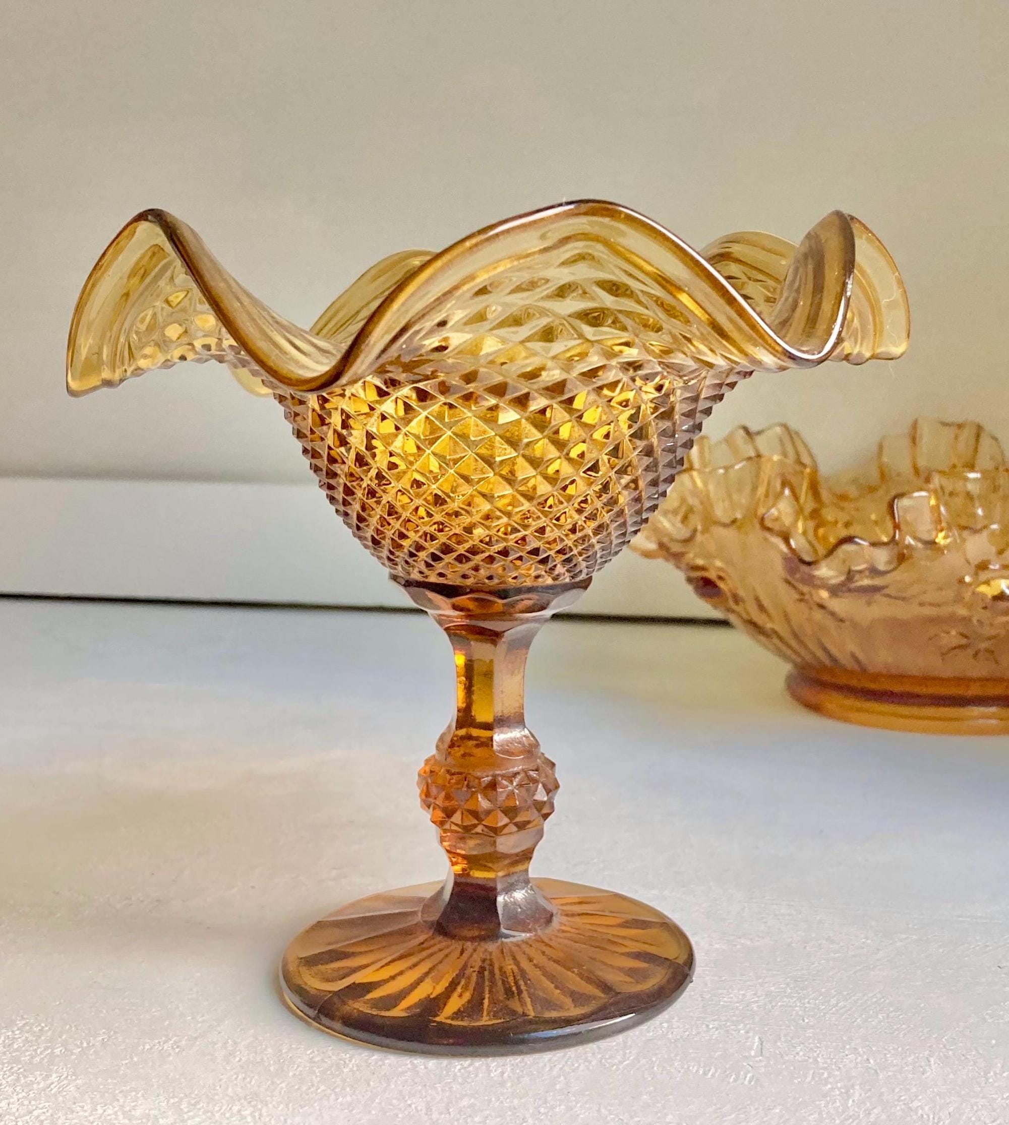 Vintage Amber Art Glass Bowl: Fenton, IVIMA Ruffled Rim Compote