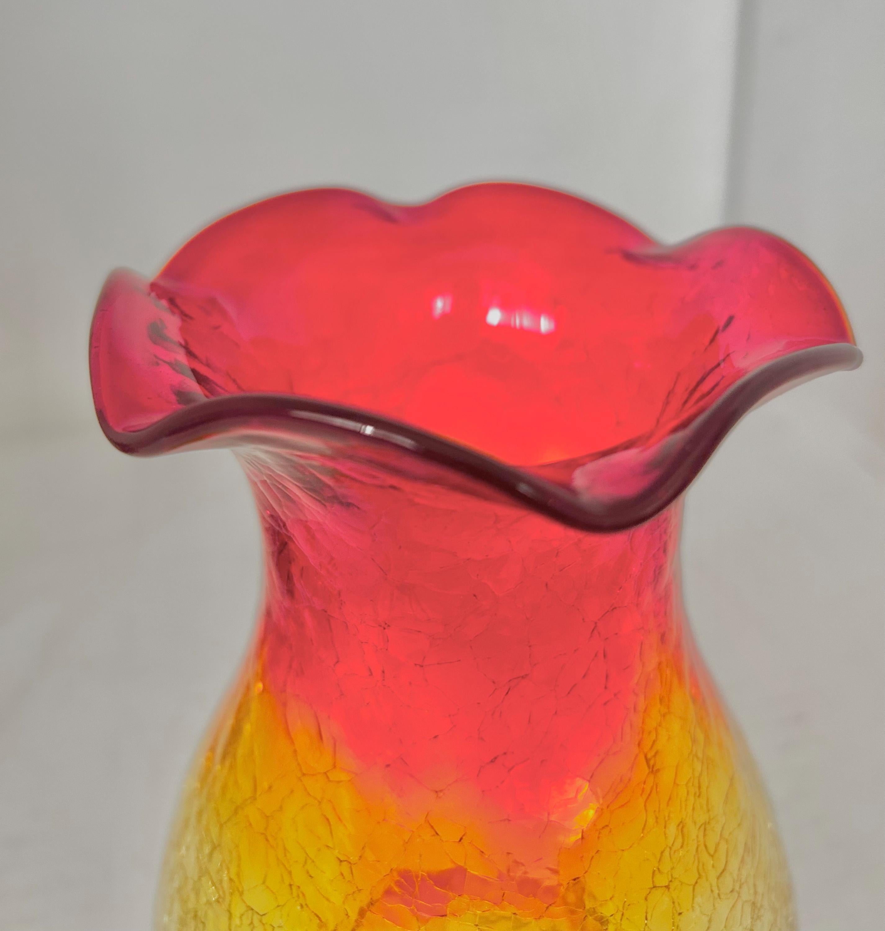 Vintage Amberina Crackle Glass Electric Hurricane Lamp: Brass Base, Ruffled Shade