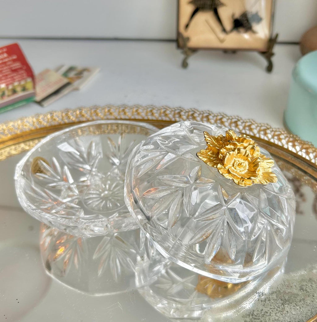 Vintage Italian Cut Crystal Trinket Dish: Gilt Floral Handle