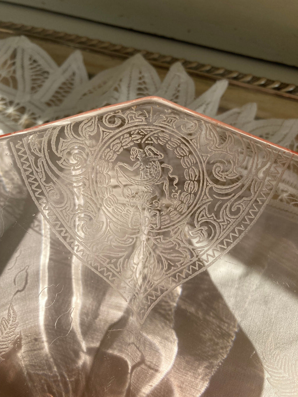 Pink Depression Glass Bowl - Etched Flowers, Dancing Nudes, Octagonal