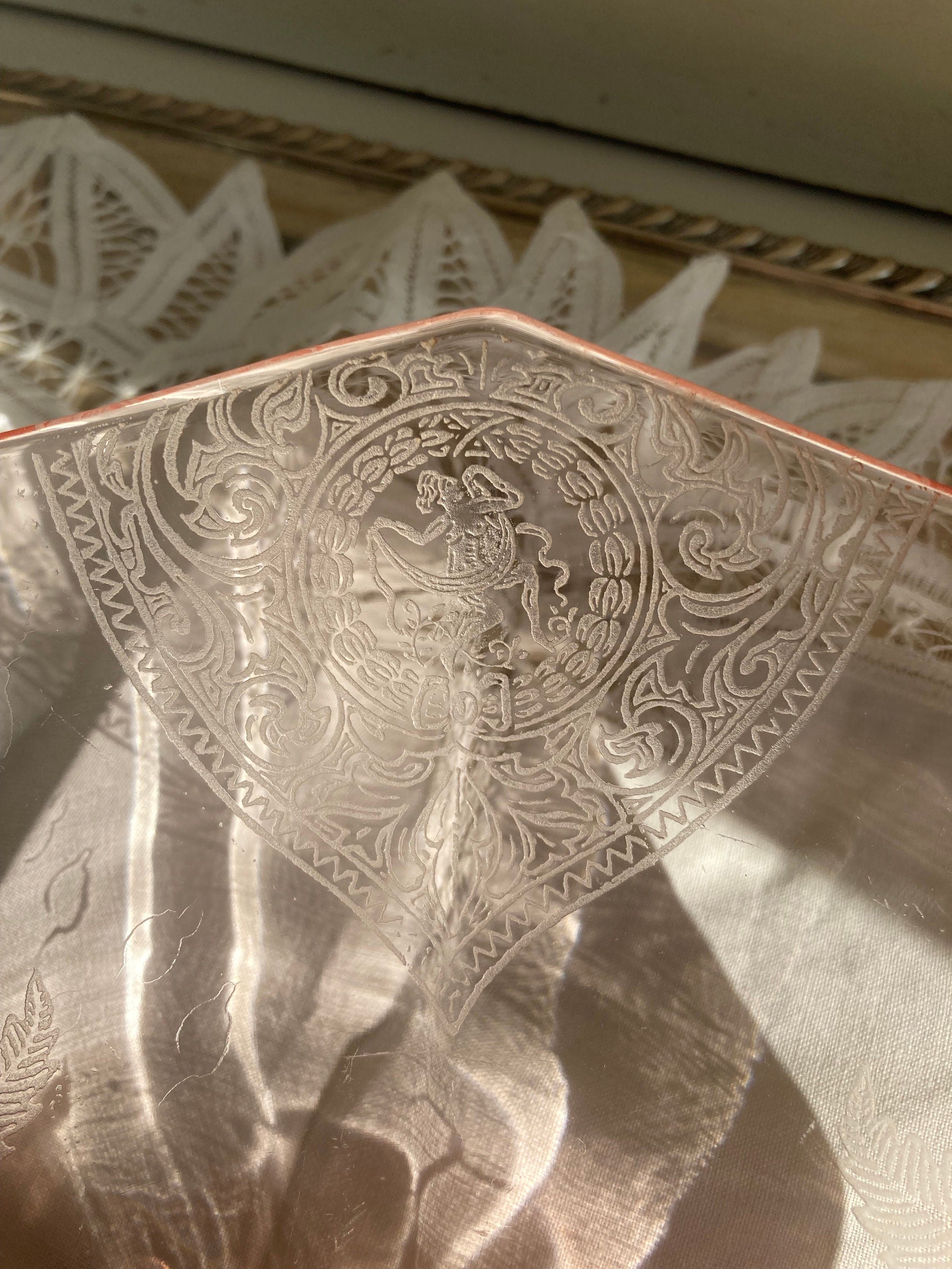 Pink Depression Glass Bowl - Etched Flowers, Dancing Nudes, Octagonal