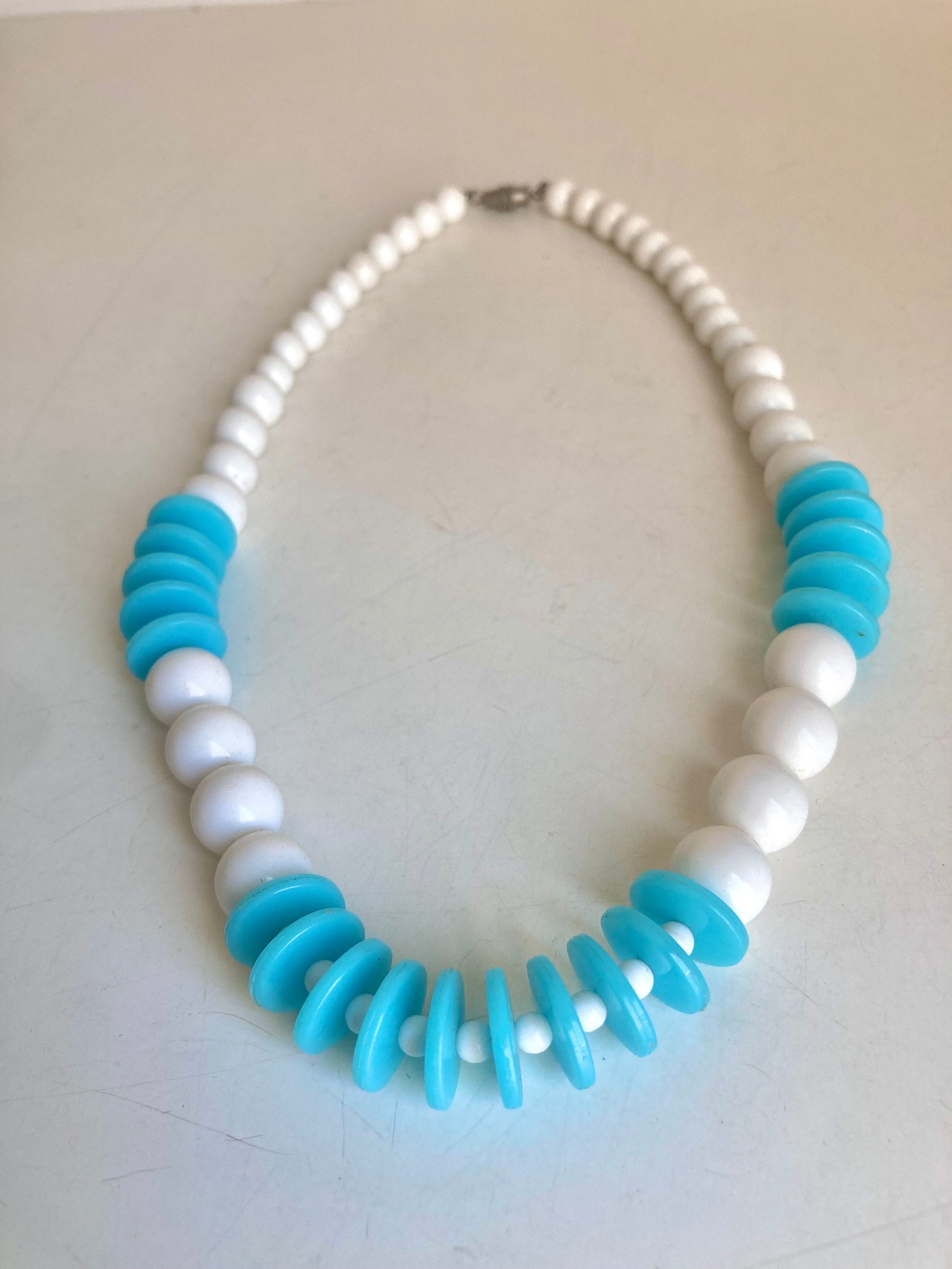 Vintage White & Sky Blue Plastic Beaded Necklace - 18"