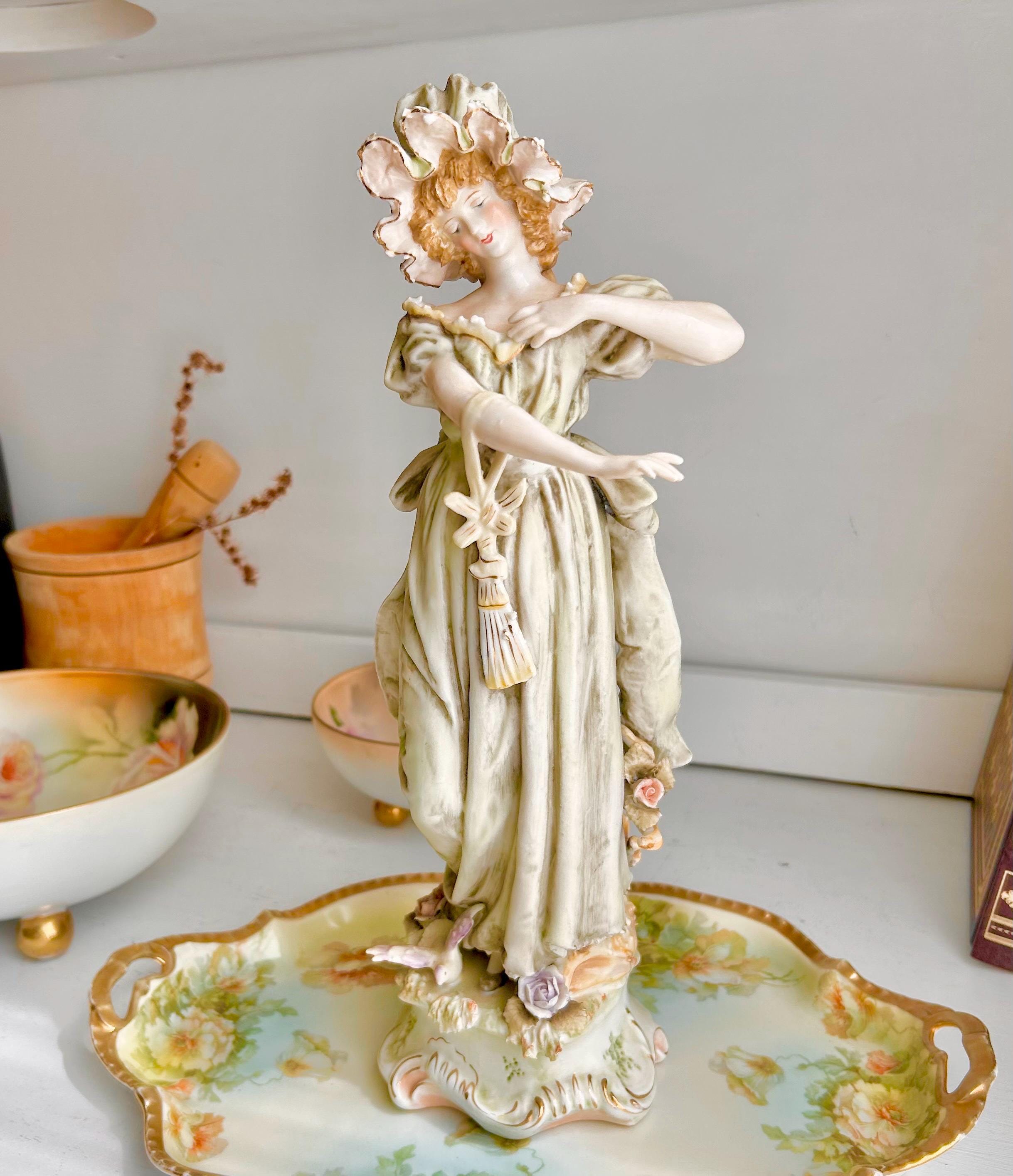 Vintage 12" Porcelain Statuette-Victorian Lady in Bonnet and Flowing Green Gown-Original Arnart Creation Japan