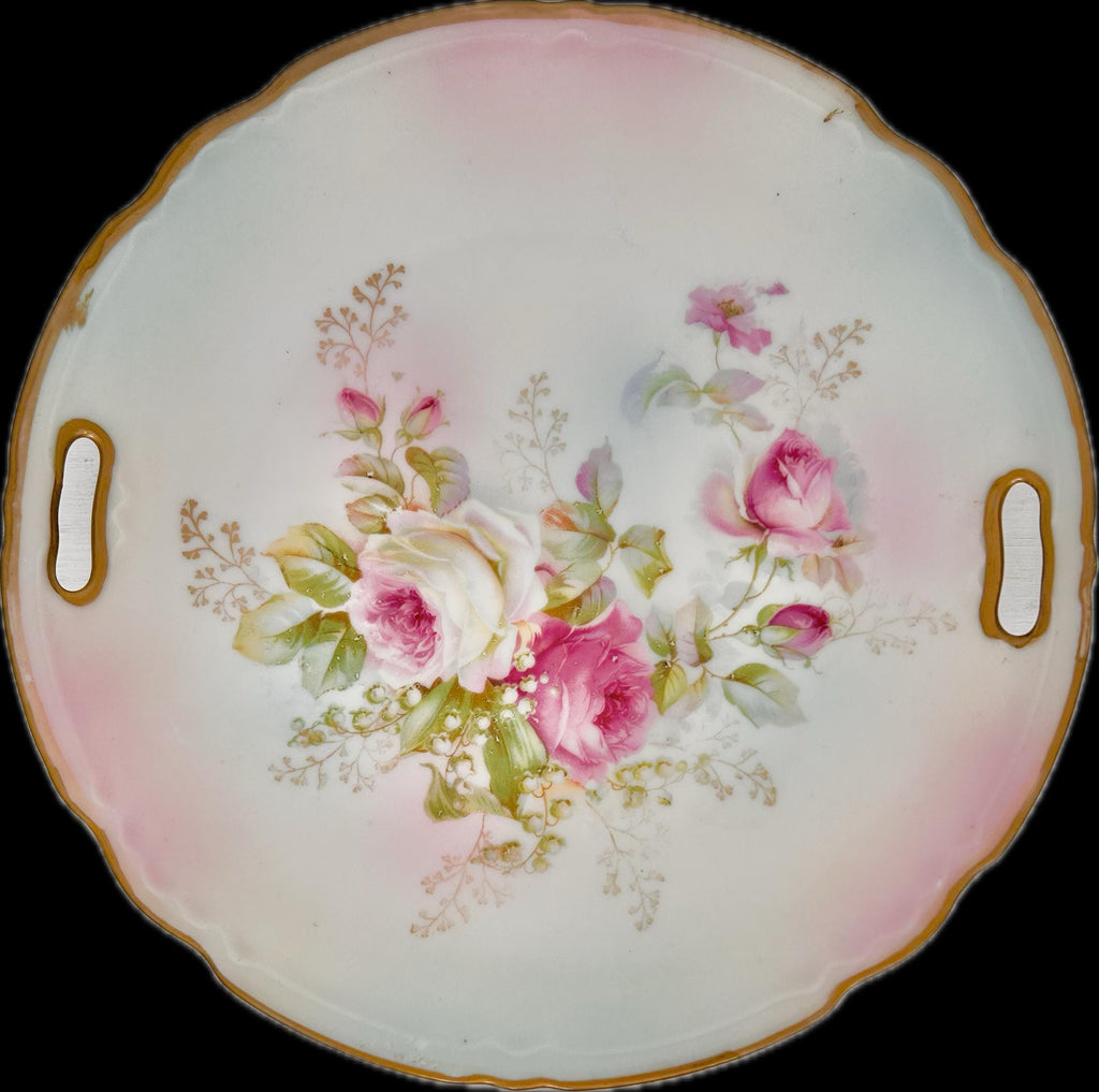 Vintage Round Porcelain Transferware Platter with Open Handles, Roses, Gold Trim