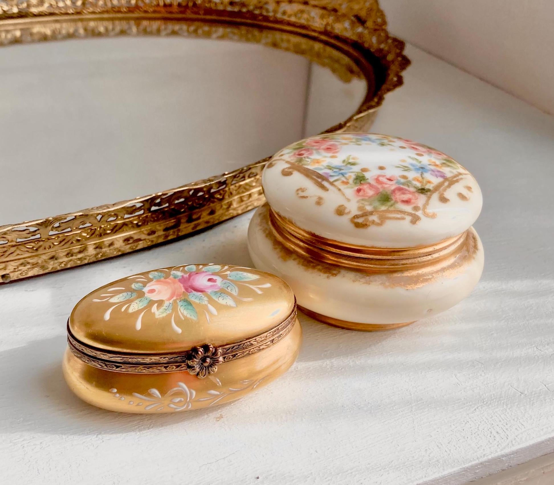 Vintage Limoges Porcelain Lidded Box: Hand-Painted Floral Gilt Jewelry Box