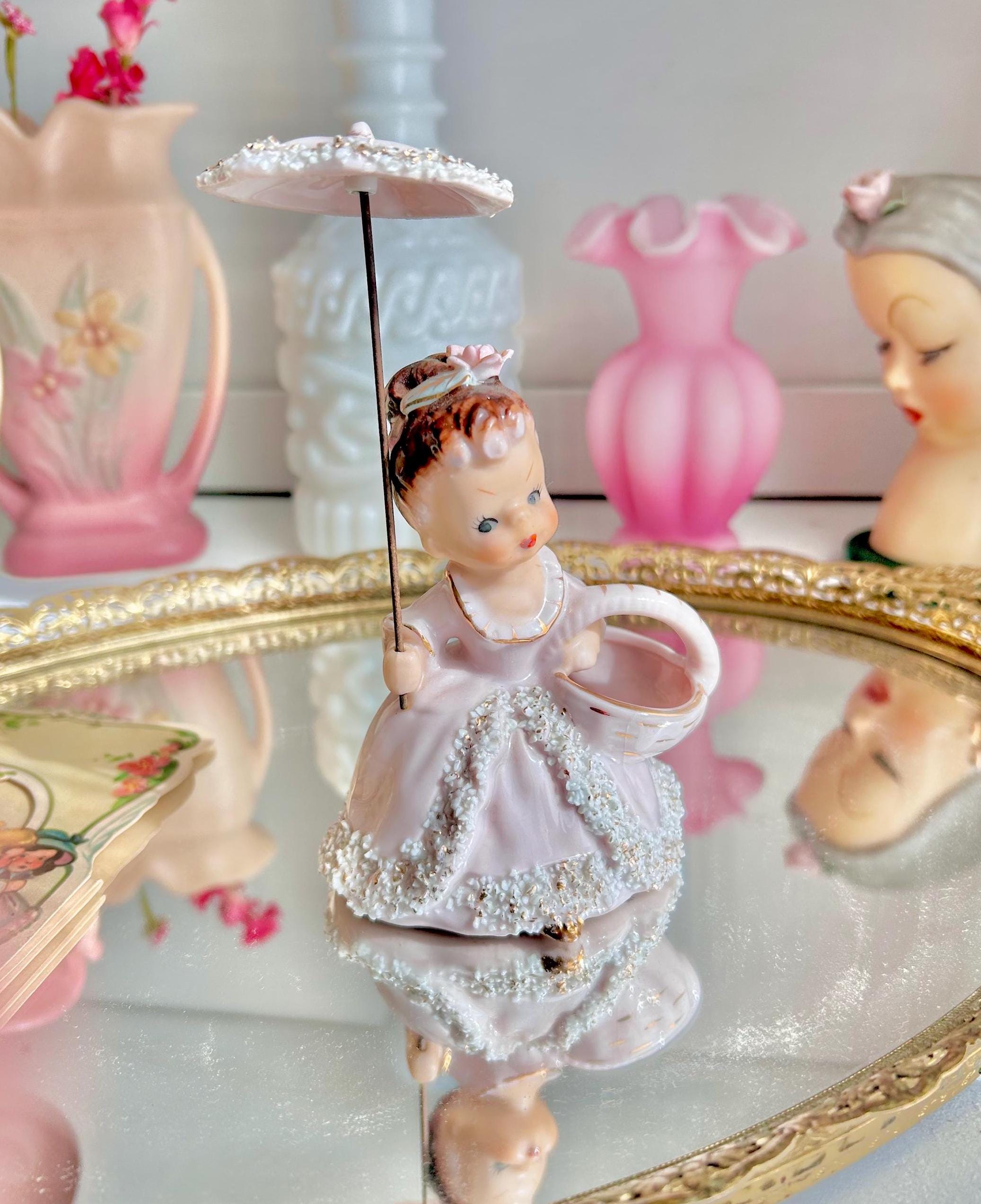 Vintage Spaghetti Porcelain Girl Figurine: Pink Dress, Parasol, Basket Vase (Hairline Crack)