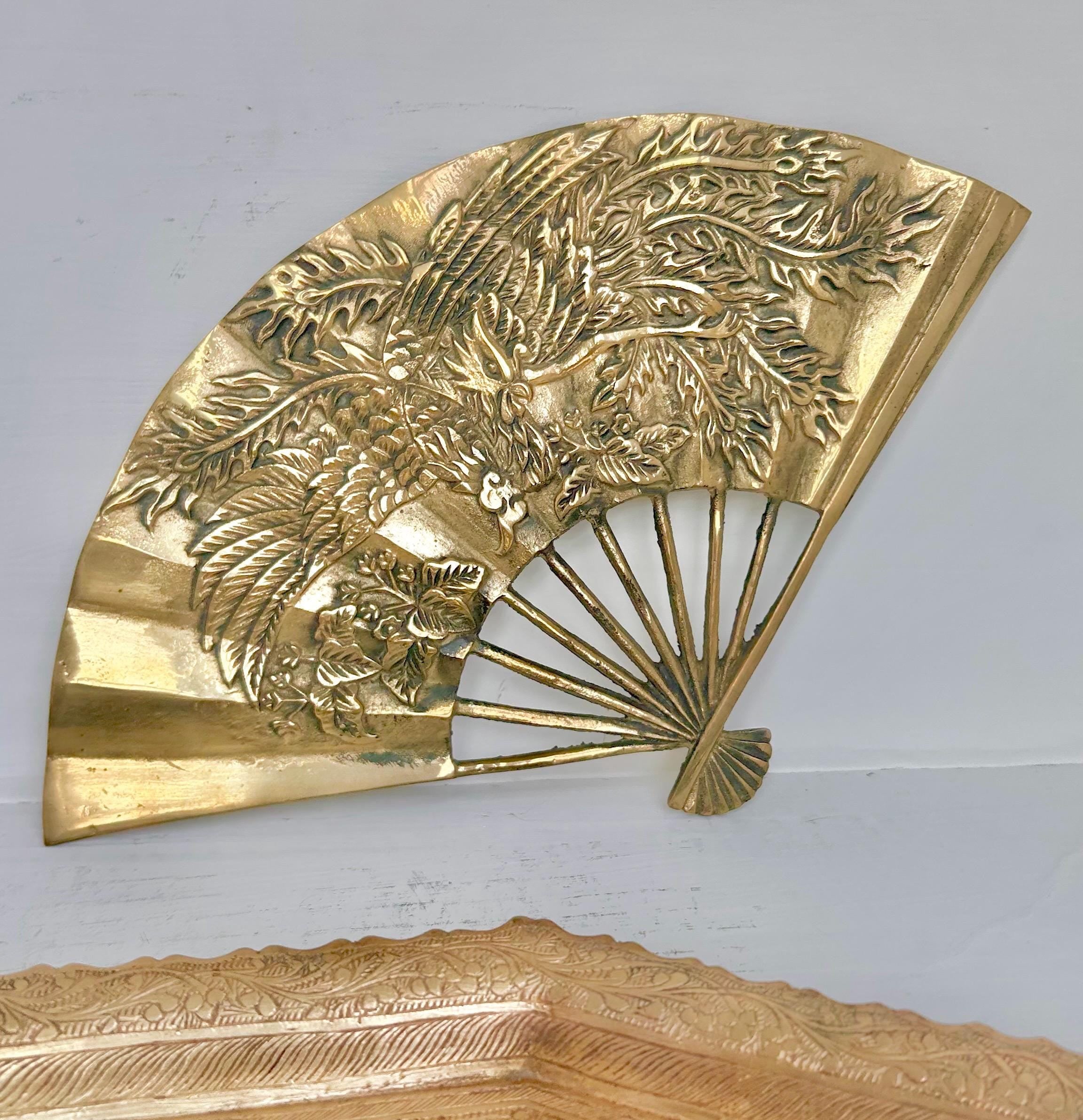 Vintage Solid Brass Wall Decor or Trivet- Open Fan with Phoenix or Dragon Relief